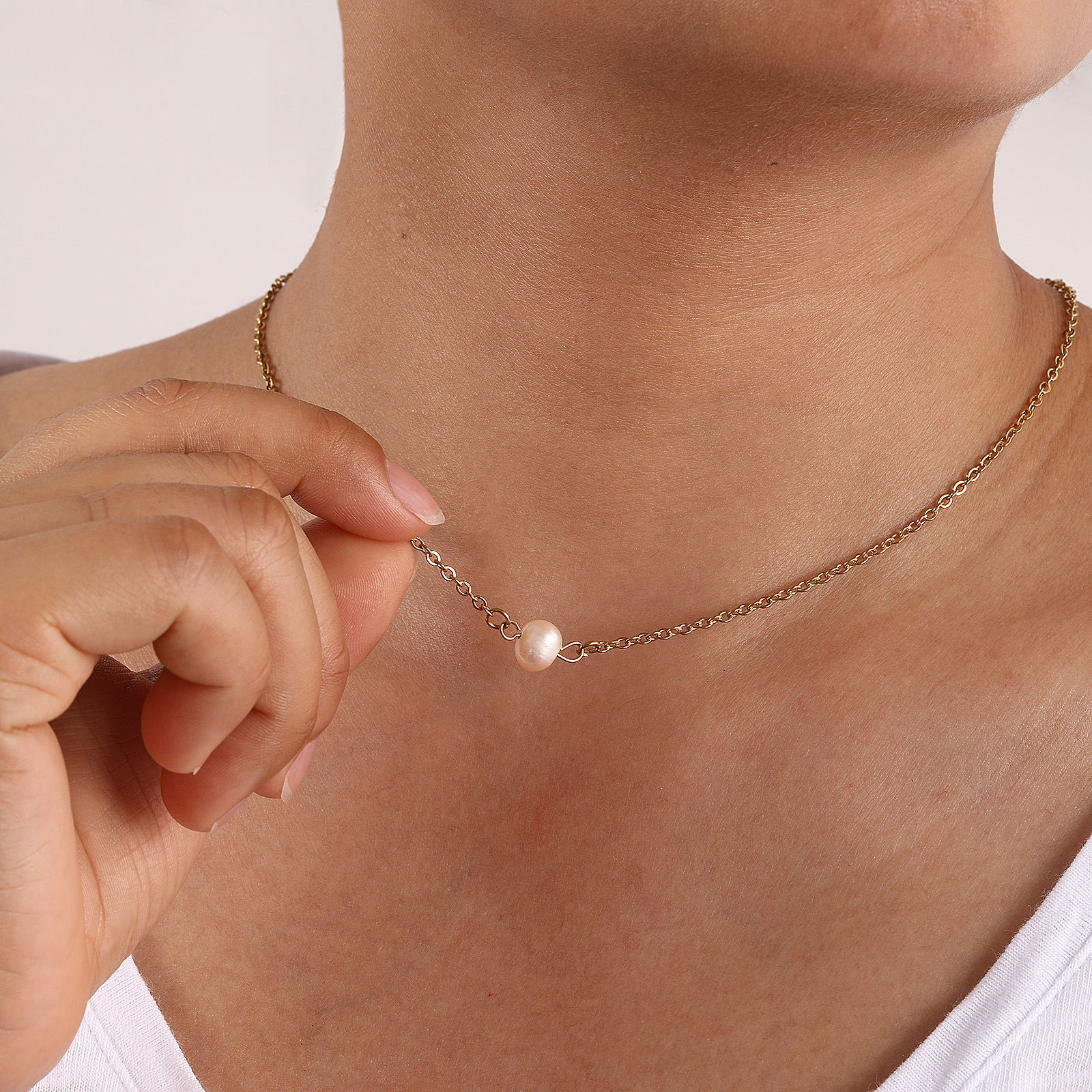 Picture of 1 Piece Eco-friendly PVD Vacuum Plating Dainty Stylish Gold Plated Peachy Beige 304 Stainless Steel & Natural Pearl Link Cable Chain Baroque Pendant Charm Necklace For Women Gift 47cm(18.5") + 5cm(2") long