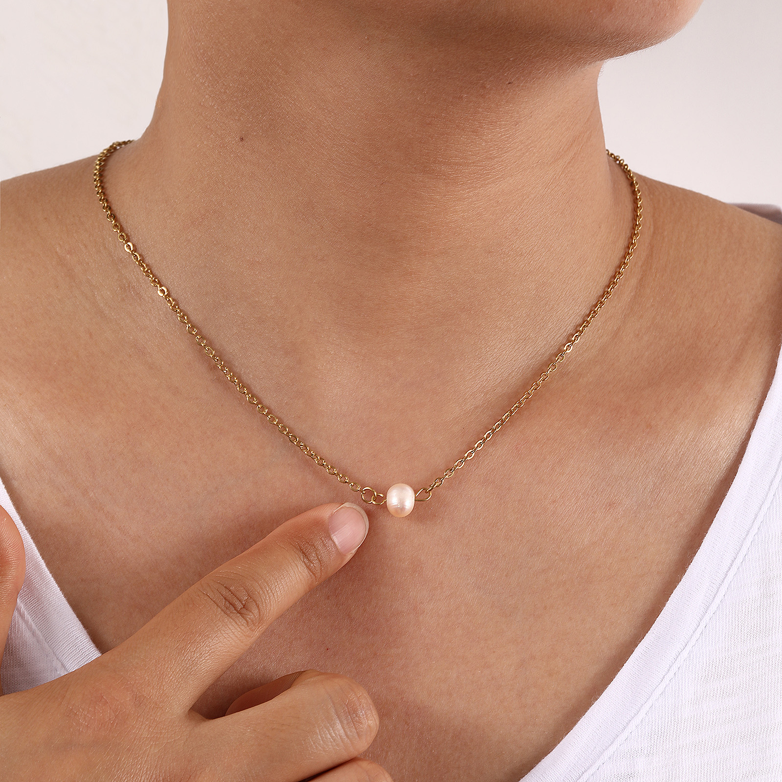 Picture of 1 Piece Eco-friendly PVD Vacuum Plating Dainty Stylish Gold Plated Peachy Beige 304 Stainless Steel & Natural Pearl Link Cable Chain Baroque Pendant Charm Necklace For Women Gift 47cm(18.5") + 5cm(2") long