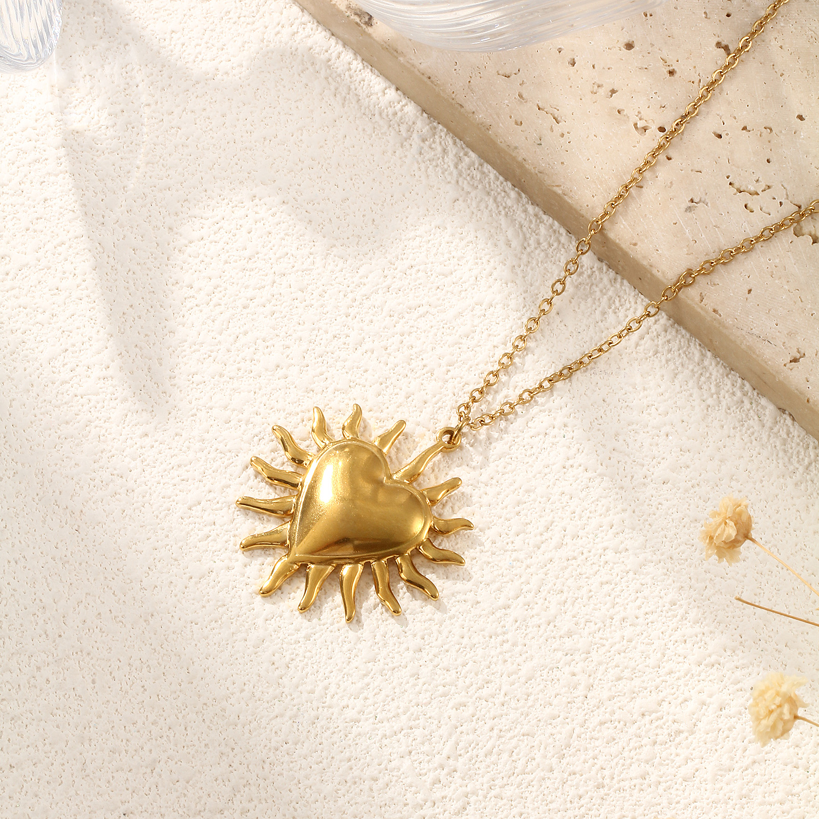 Picture of 1 Piece Eco-friendly PVD Vacuum Plating Bohemia Boho Religious 18K Real Gold Plated 304 Stainless Steel Link Cable Chain Ex Voto Heart Pendant Charm Necklace Unisex Gift 45cm(17.7") + 5cm(2") long