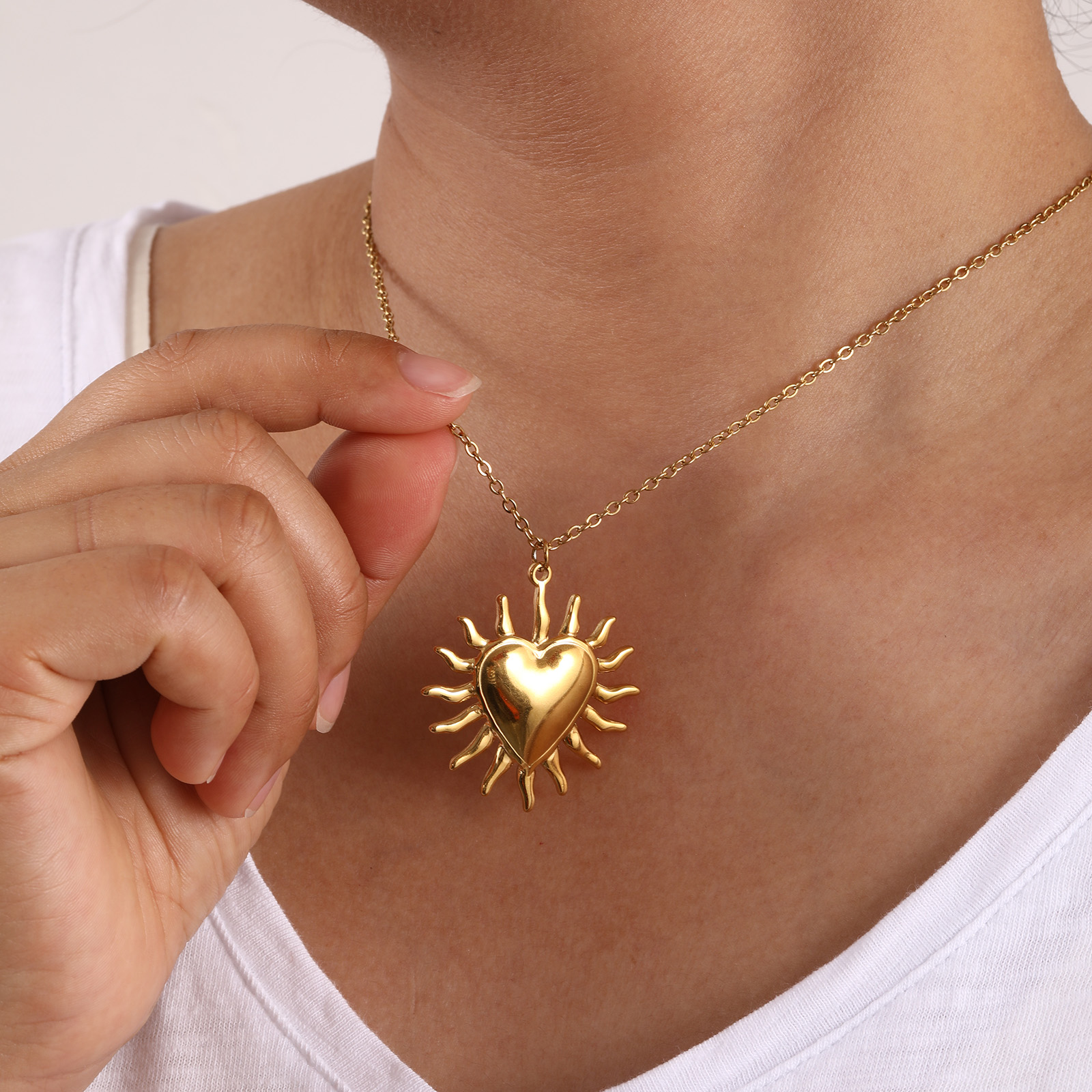 Picture of 1 Piece Eco-friendly PVD Vacuum Plating Bohemia Boho Religious 18K Real Gold Plated 304 Stainless Steel Link Cable Chain Ex Voto Heart Pendant Charm Necklace Unisex Gift 45cm(17.7") + 5cm(2") long