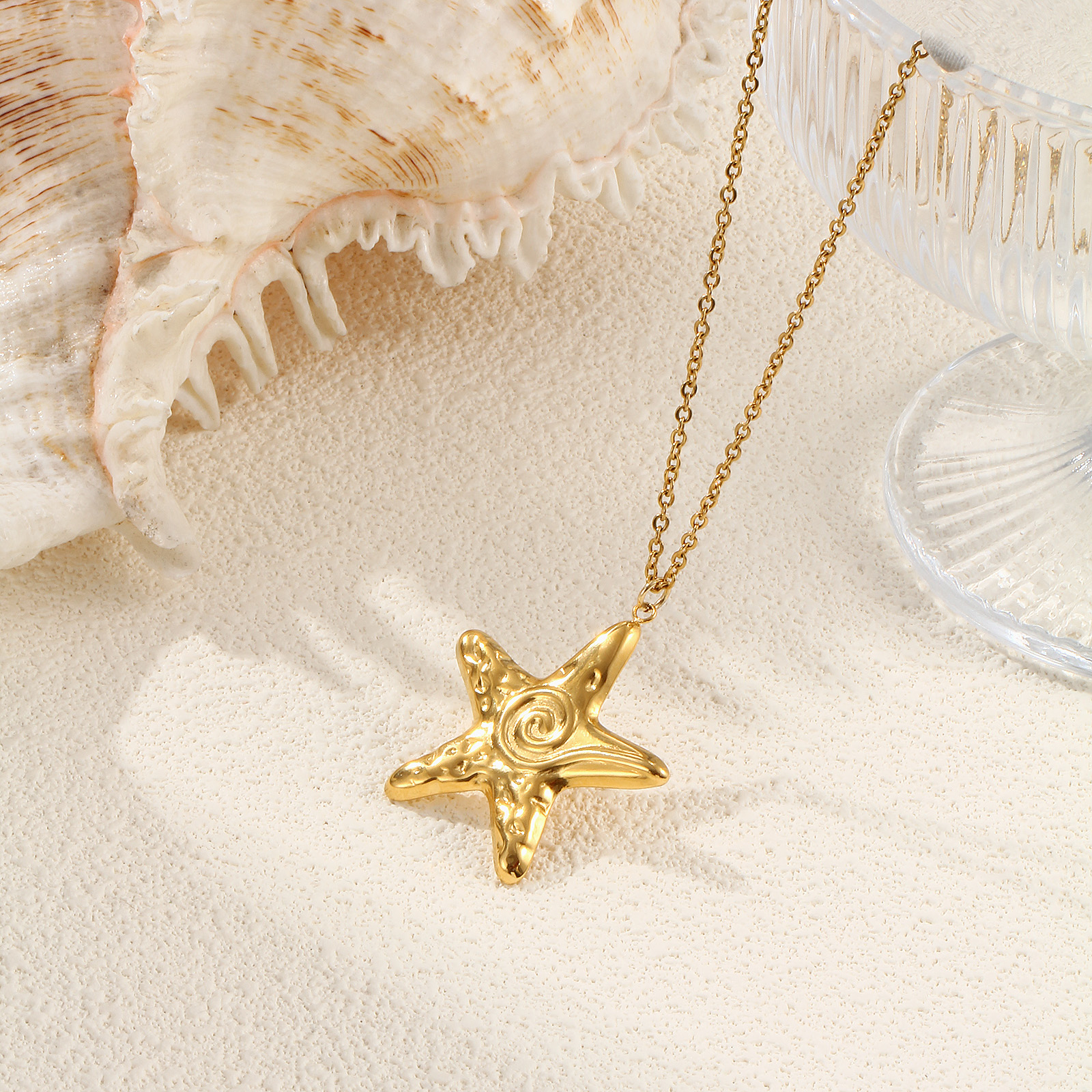 Picture of 1 Piece Eco-friendly PVD Vacuum Plating Stylish Ocean Jewelry 18K Real Gold Plated 304 Stainless Steel Link Cable Chain Star Fish Spiral Pendant Charm Necklace Unisex Gift 45cm(17.7") + 5cm(2") long