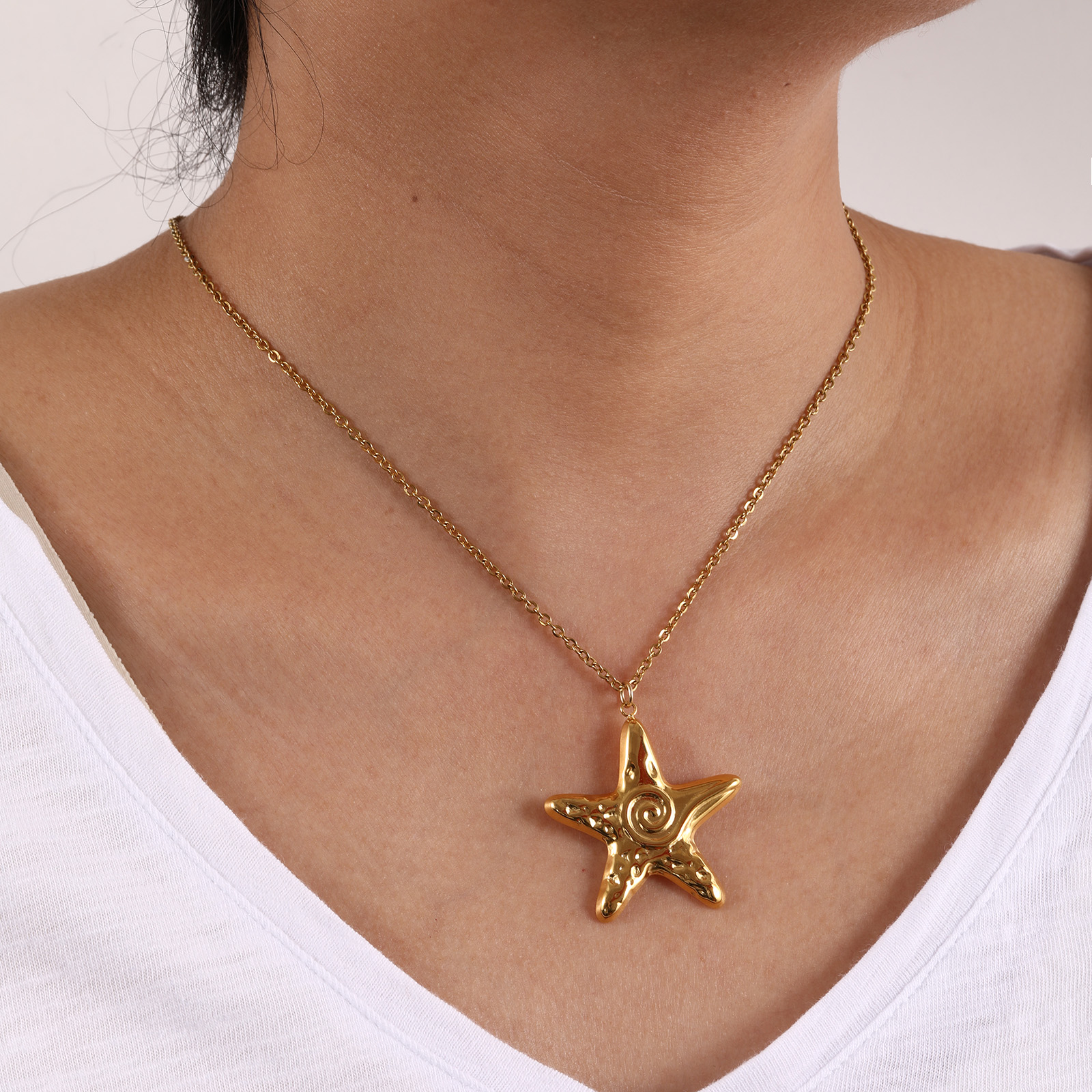 Picture of 1 Piece Eco-friendly PVD Vacuum Plating Stylish Ocean Jewelry 18K Real Gold Plated 304 Stainless Steel Link Cable Chain Star Fish Spiral Pendant Charm Necklace Unisex Gift 45cm(17.7") + 5cm(2") long