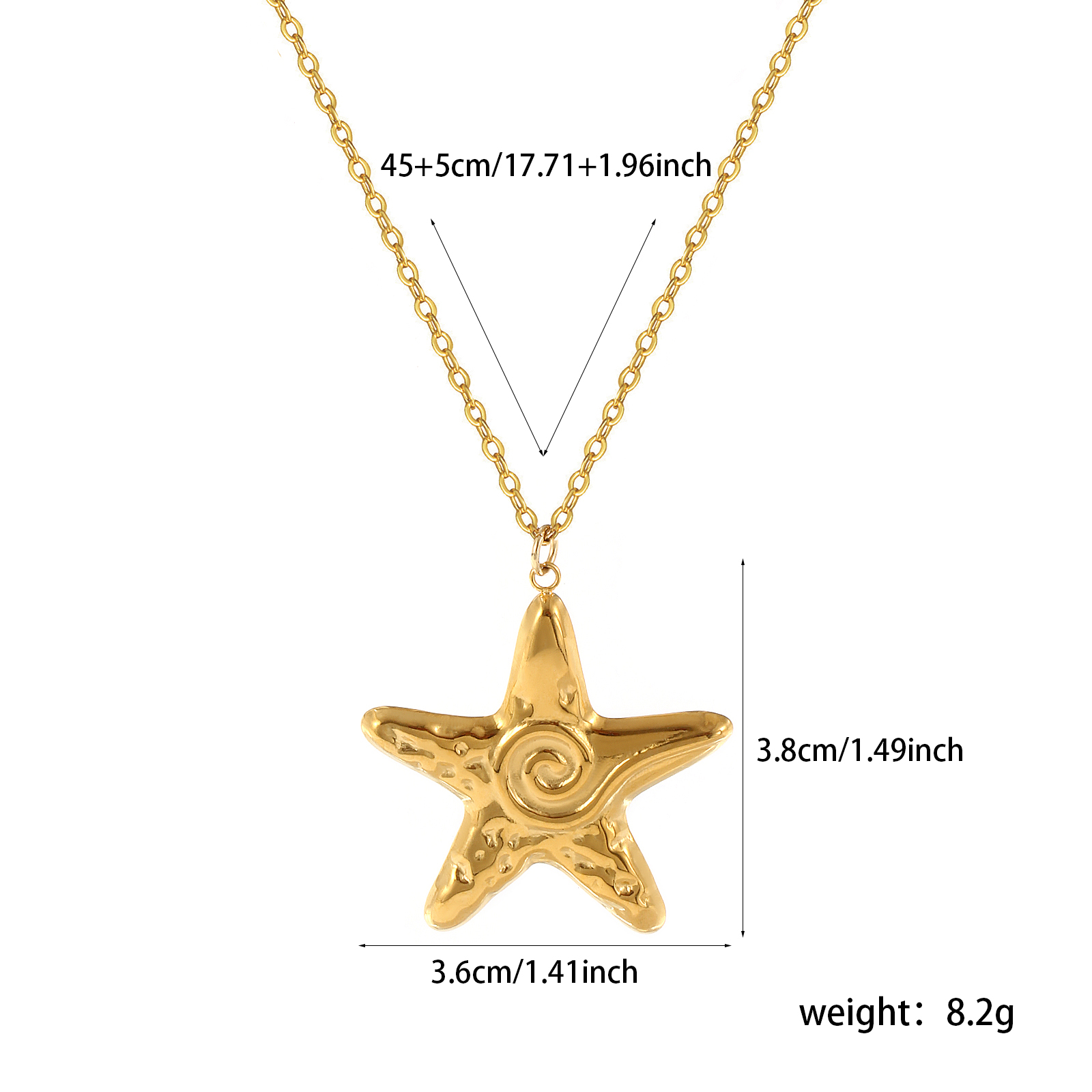 Picture of 1 Piece Eco-friendly PVD Vacuum Plating Stylish Ocean Jewelry 18K Real Gold Plated 304 Stainless Steel Link Cable Chain Star Fish Spiral Pendant Charm Necklace Unisex Gift 45cm(17.7") + 5cm(2") long