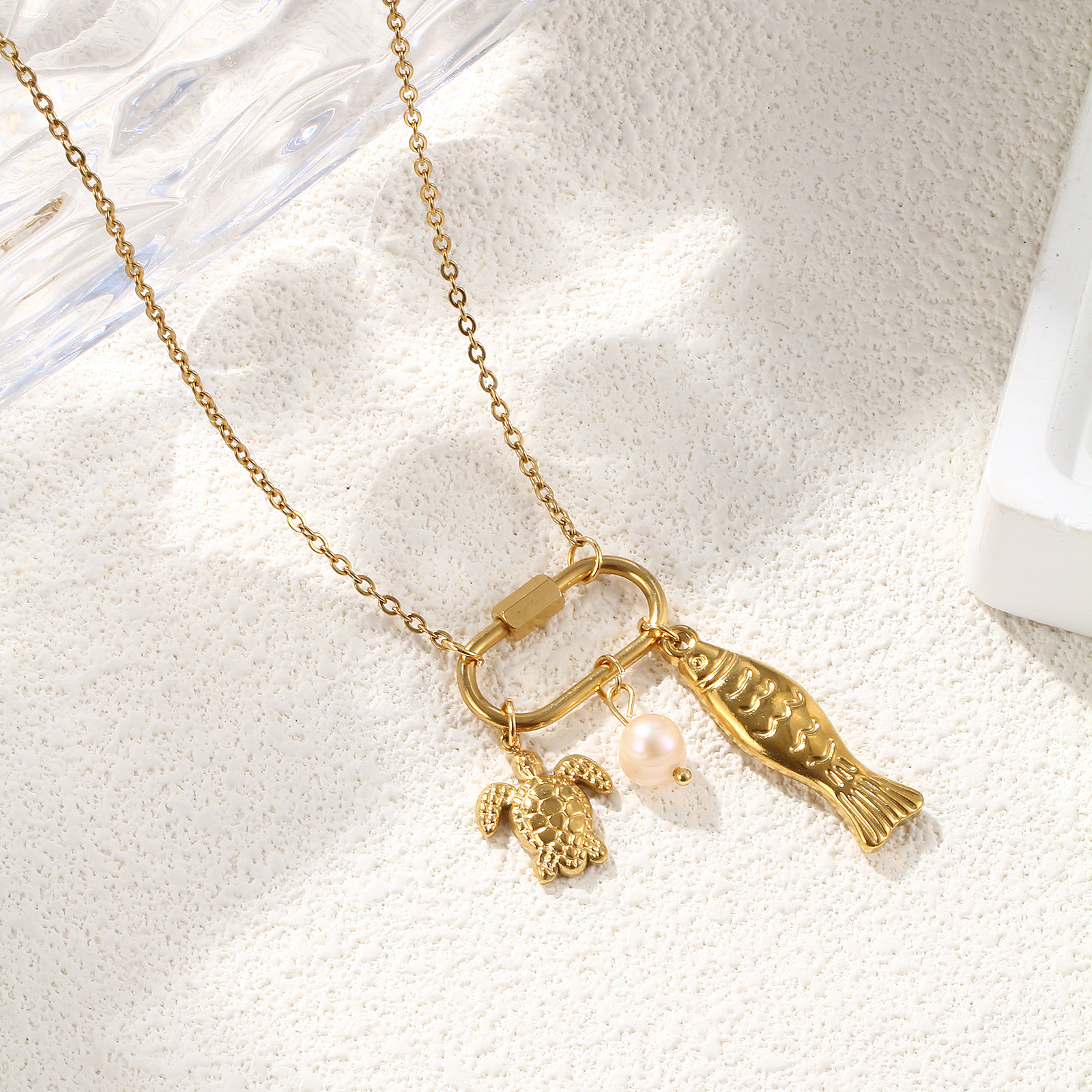 Picture of 1 Piece Eco-friendly Vacuum Plating Exquisite Ocean Jewelry Gold Plated Peachy Beige 304 Stainless Steel & Natural Pearl Link Cable Chain Tortoise Animal Fish Can Open Pendant Charm Necklace For Women Gift 48cm(18.9") + 5cm(2") long