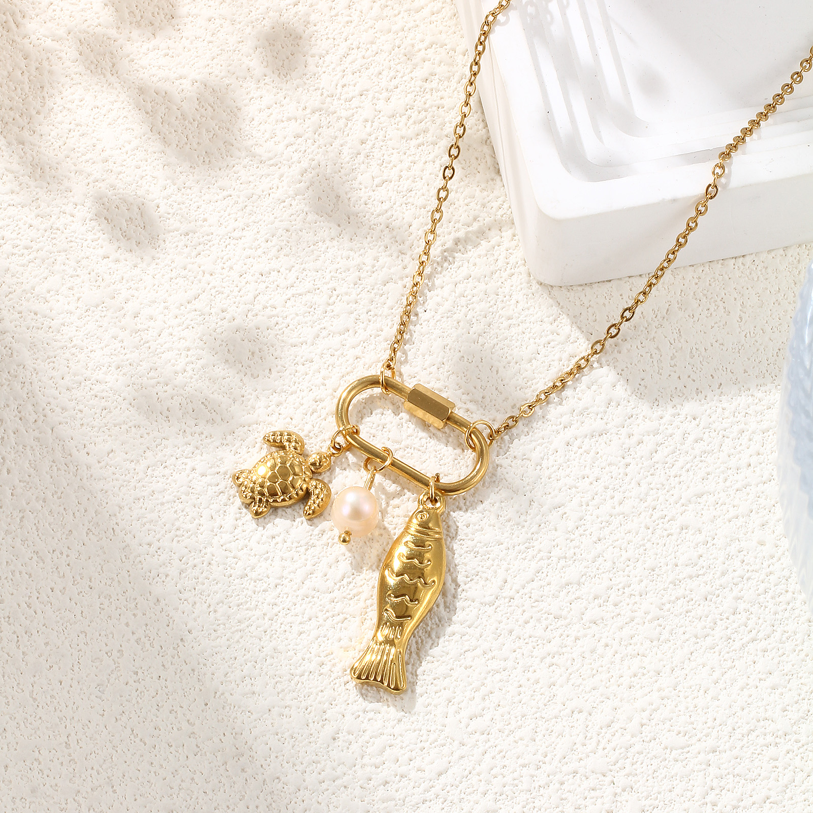 Picture of 1 Piece Eco-friendly Vacuum Plating Exquisite Ocean Jewelry Gold Plated Peachy Beige 304 Stainless Steel & Natural Pearl Link Cable Chain Tortoise Animal Fish Can Open Pendant Charm Necklace For Women Gift 48cm(18.9") + 5cm(2") long