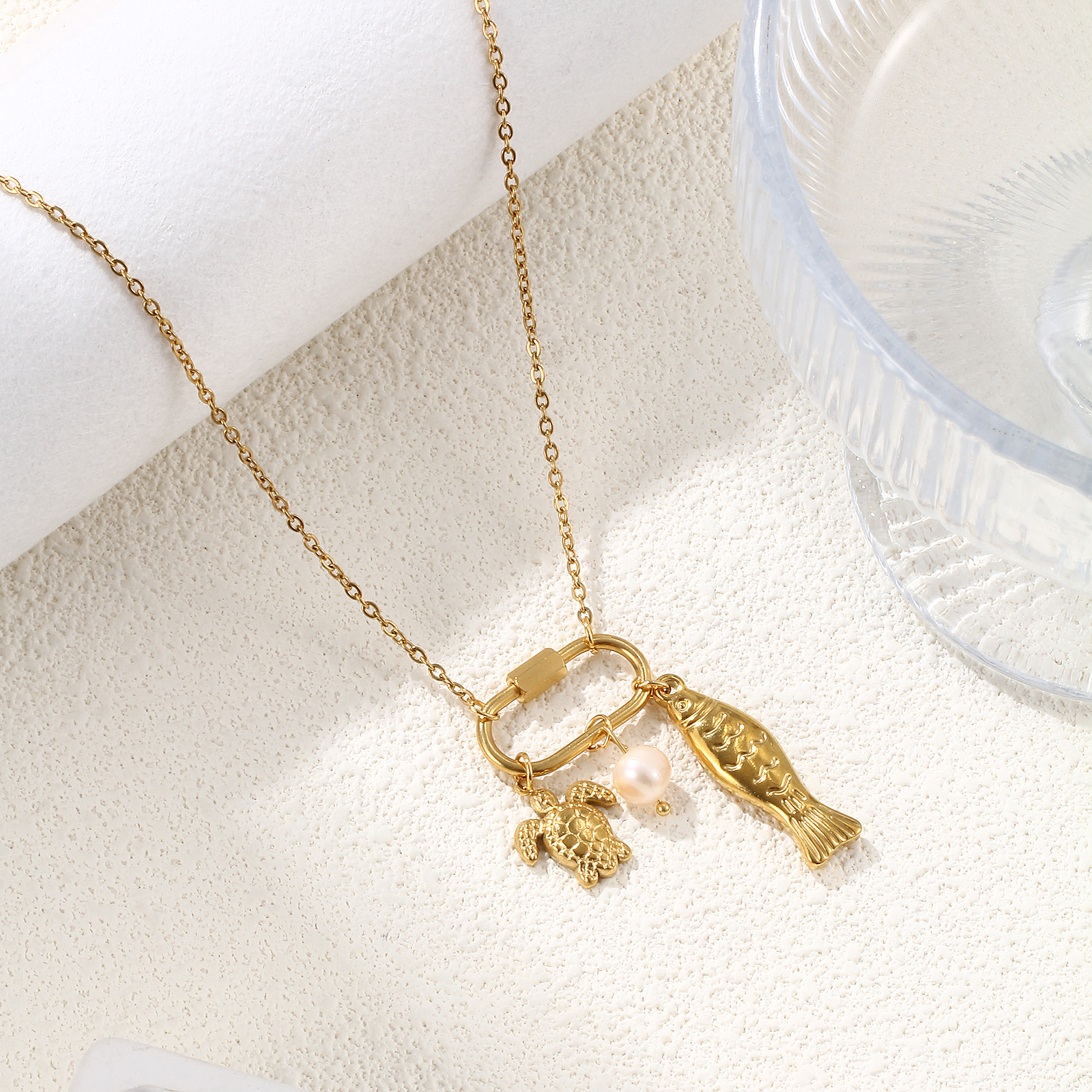 Picture of 1 Piece Eco-friendly Vacuum Plating Exquisite Ocean Jewelry Gold Plated Peachy Beige 304 Stainless Steel & Natural Pearl Link Cable Chain Tortoise Animal Fish Can Open Pendant Charm Necklace For Women Gift 48cm(18.9") + 5cm(2") long