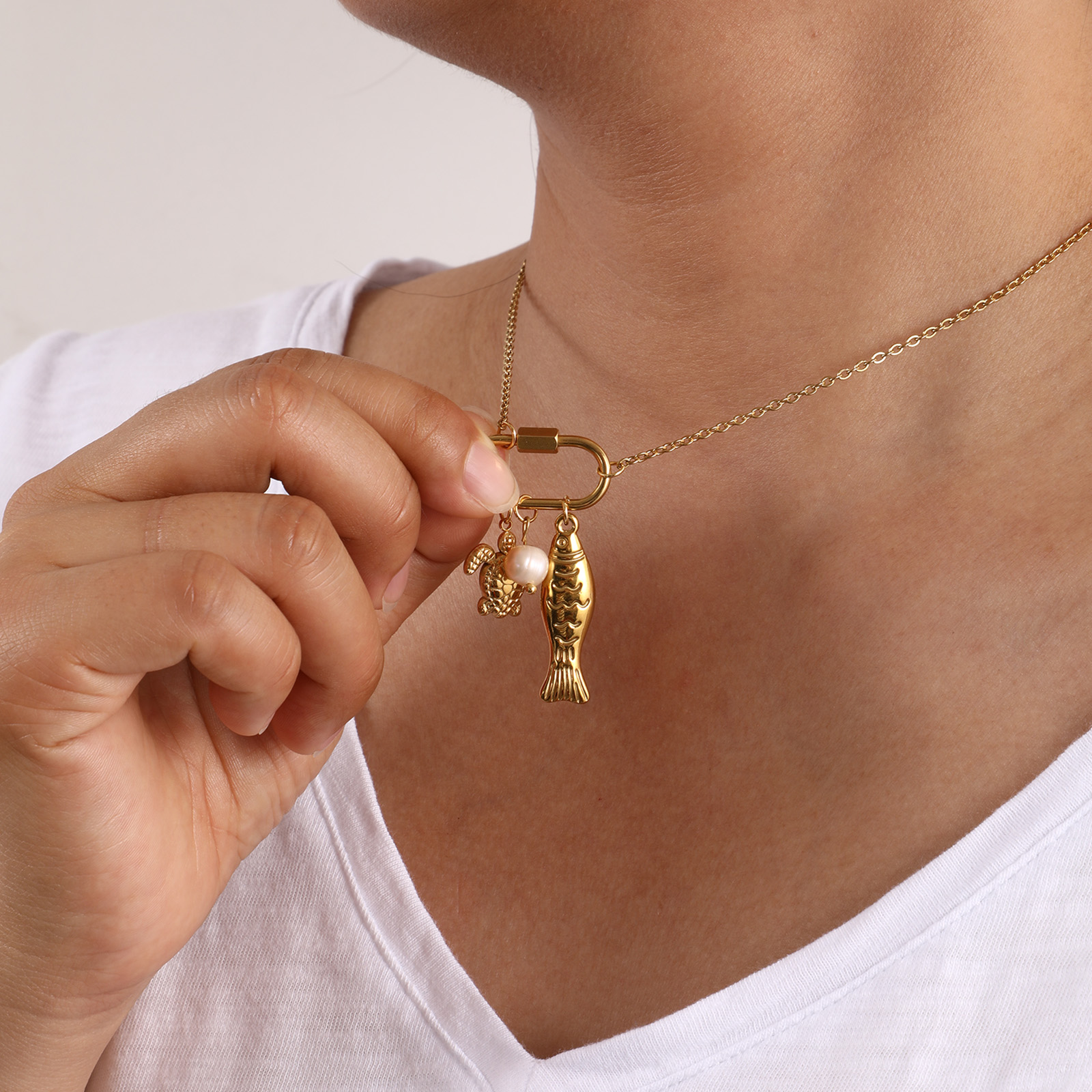 Picture of 1 Piece Eco-friendly Vacuum Plating Exquisite Ocean Jewelry Gold Plated Peachy Beige 304 Stainless Steel & Natural Pearl Link Cable Chain Tortoise Animal Fish Can Open Pendant Charm Necklace For Women Gift 48cm(18.9") + 5cm(2") long