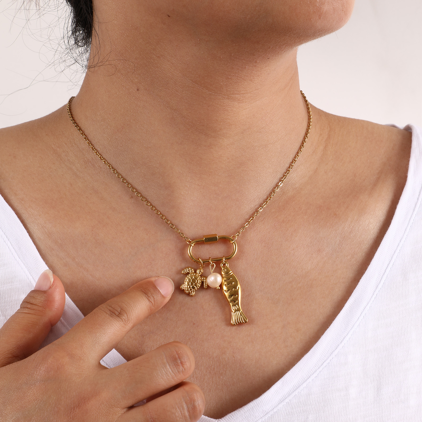 Picture of 1 Piece Eco-friendly Vacuum Plating Exquisite Ocean Jewelry Gold Plated Peachy Beige 304 Stainless Steel & Natural Pearl Link Cable Chain Tortoise Animal Fish Can Open Pendant Charm Necklace For Women Gift 48cm(18.9") + 5cm(2") long