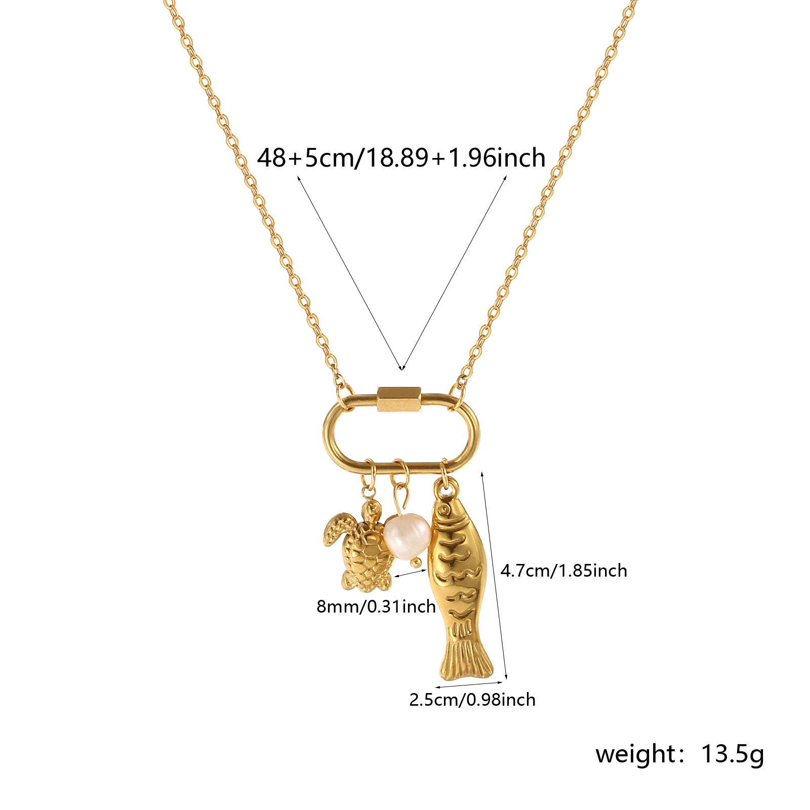Picture of 1 Piece Eco-friendly Vacuum Plating Exquisite Ocean Jewelry Gold Plated Peachy Beige 304 Stainless Steel & Natural Pearl Link Cable Chain Tortoise Animal Fish Can Open Pendant Charm Necklace For Women Gift 48cm(18.9") + 5cm(2") long