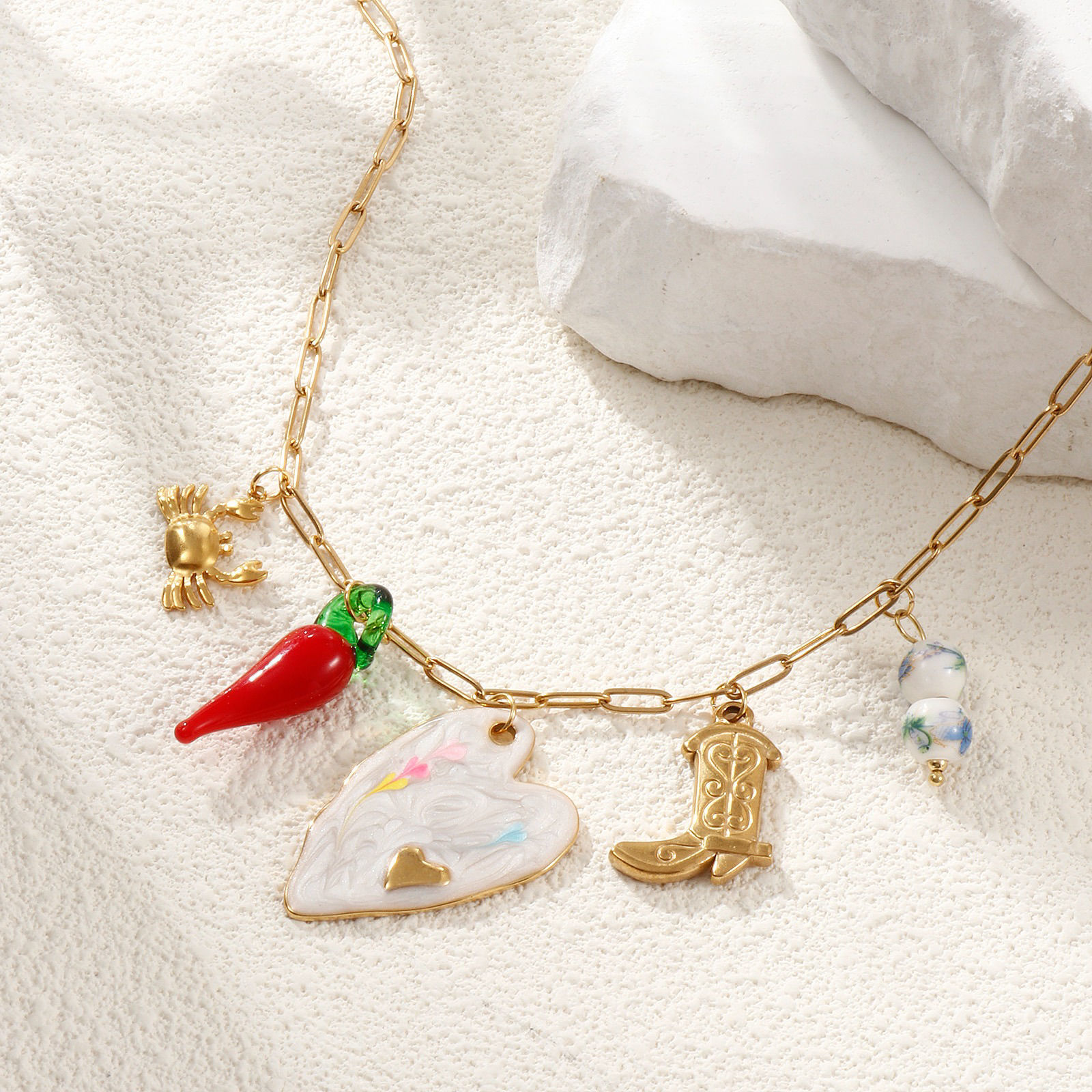 Picture of 1 Piece Eco-friendly Vacuum Plating Exquisite Cute 18K Real Gold Plated 304 Stainless Steel & Lampwork Glass Paperclip Link Chain Pendant Charm Necklace For Women Gift 42cm(16.5") + 5cm(2") long