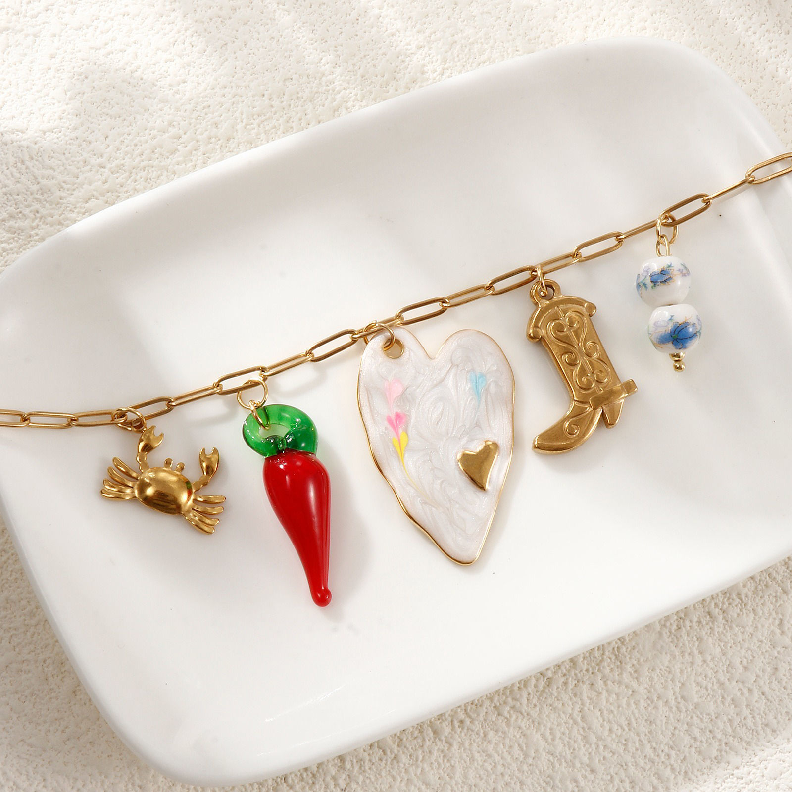 Picture of 1 Piece Eco-friendly Vacuum Plating Exquisite Cute 18K Real Gold Plated 304 Stainless Steel & Lampwork Glass Paperclip Link Chain Pendant Charm Necklace For Women Gift 42cm(16.5") + 5cm(2") long