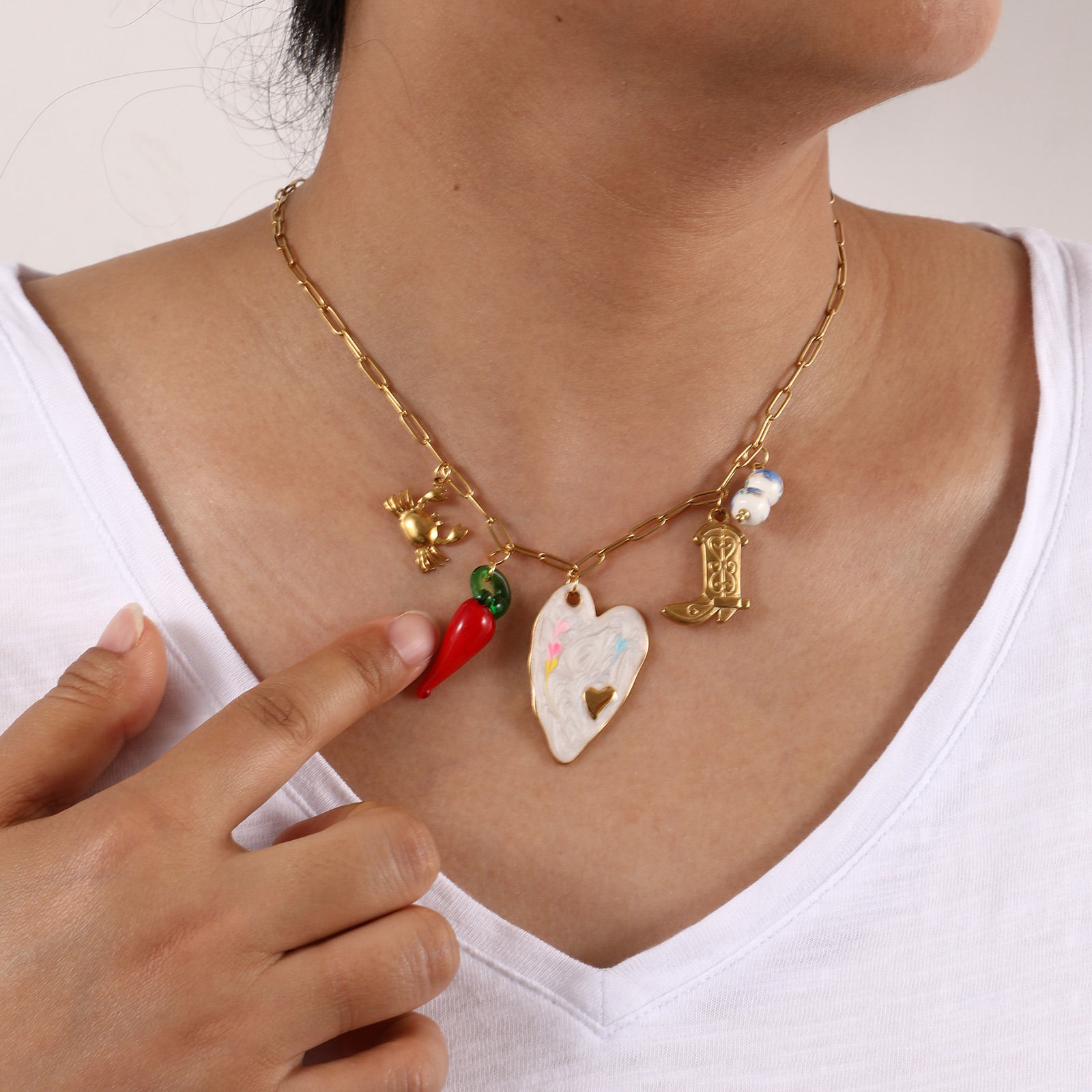 Picture of 1 Piece Eco-friendly Vacuum Plating Exquisite Cute 18K Real Gold Plated 304 Stainless Steel & Lampwork Glass Paperclip Link Chain Pendant Charm Necklace For Women Gift 42cm(16.5") + 5cm(2") long