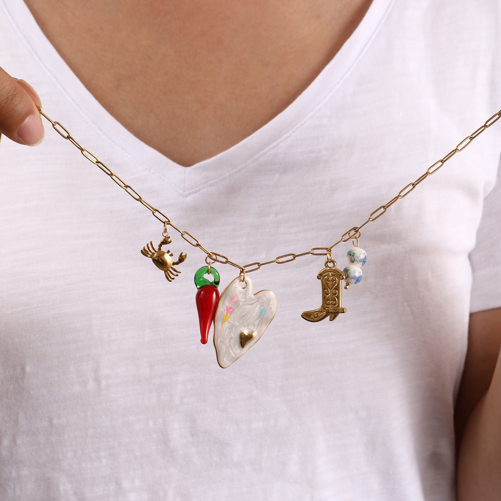 Picture of 1 Piece Eco-friendly Vacuum Plating Exquisite Cute 18K Real Gold Plated 304 Stainless Steel & Lampwork Glass Paperclip Link Chain Pendant Charm Necklace For Women Gift 42cm(16.5") + 5cm(2") long