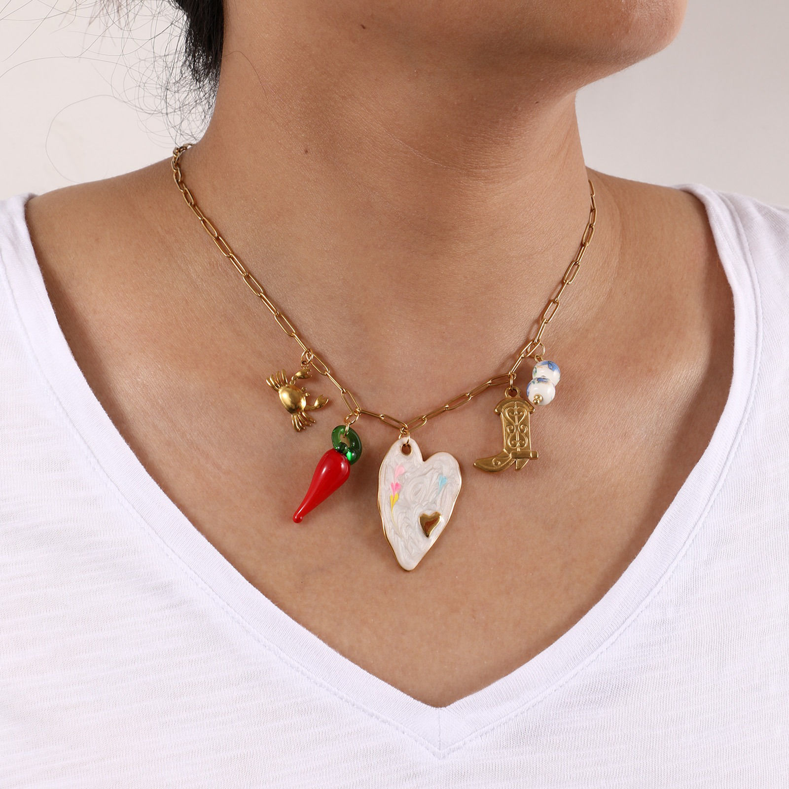 Picture of 1 Piece Eco-friendly Vacuum Plating Exquisite Cute 18K Real Gold Plated 304 Stainless Steel & Lampwork Glass Paperclip Link Chain Pendant Charm Necklace For Women Gift 42cm(16.5") + 5cm(2") long
