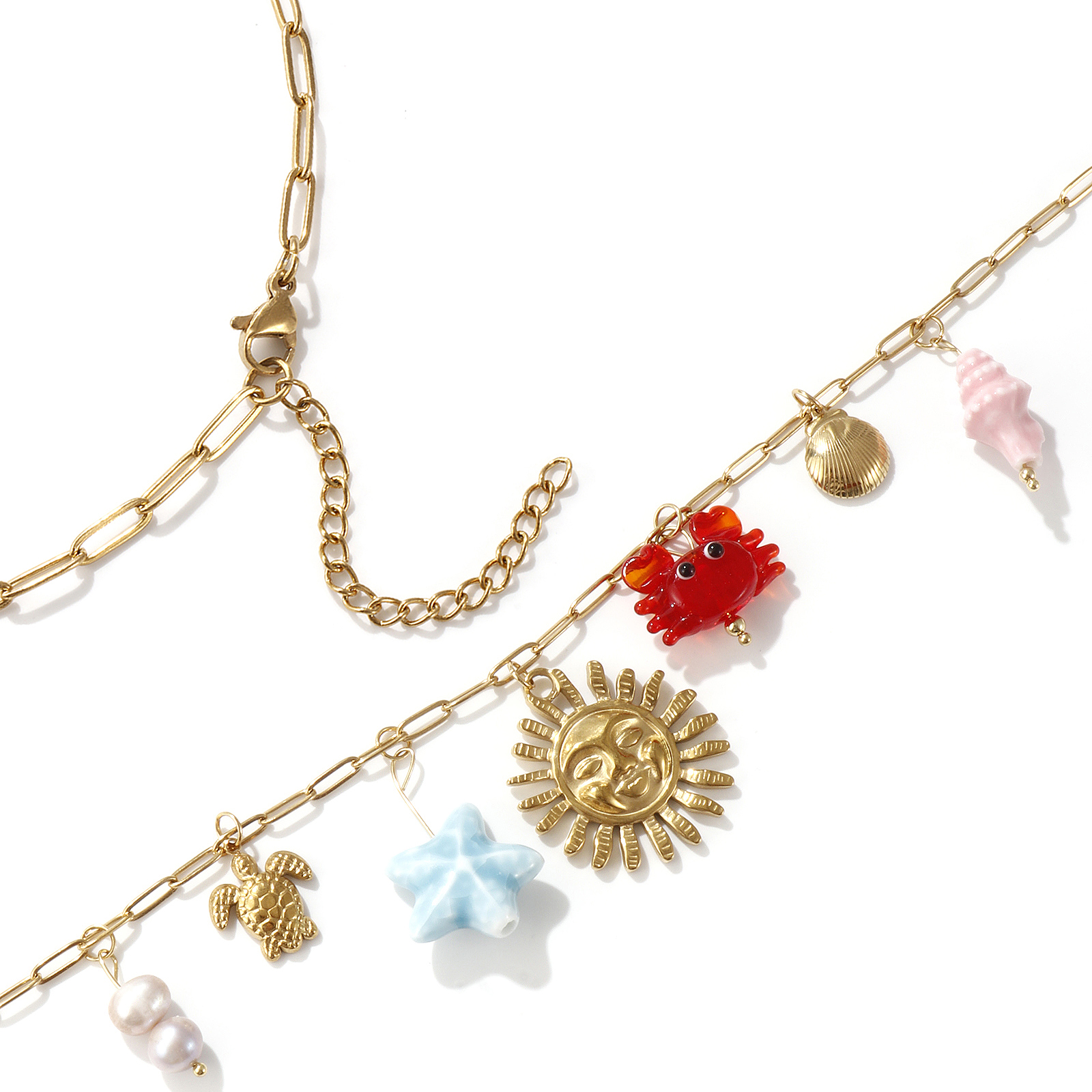 Picture of 1 Piece Eco-friendly Vacuum Plating Sweet & Cute Stylish 18K Real Gold Plated Multicolor 304 Stainless Steel & Natural Pearl & Ceramics & Lampwork Glass Link Cable Chain Sun Marine Animal Pendant Charm Necklace For Women Gift 42cm(16.5") + 5cm(2") long