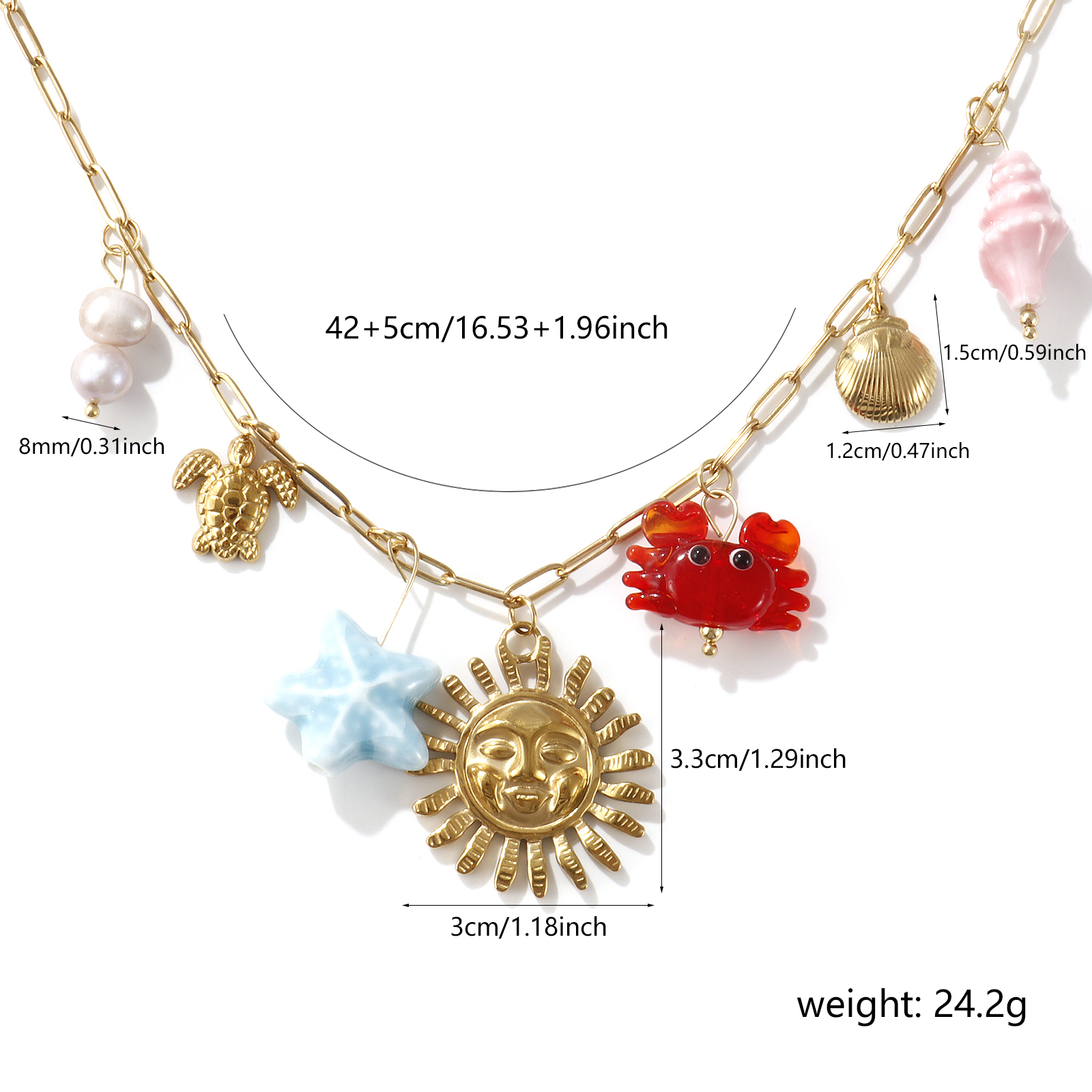 Picture of 1 Piece Eco-friendly Vacuum Plating Sweet & Cute Stylish 18K Real Gold Plated Multicolor 304 Stainless Steel & Natural Pearl & Ceramics & Lampwork Glass Link Cable Chain Sun Marine Animal Pendant Charm Necklace For Women Gift 42cm(16.5") + 5cm(2") long