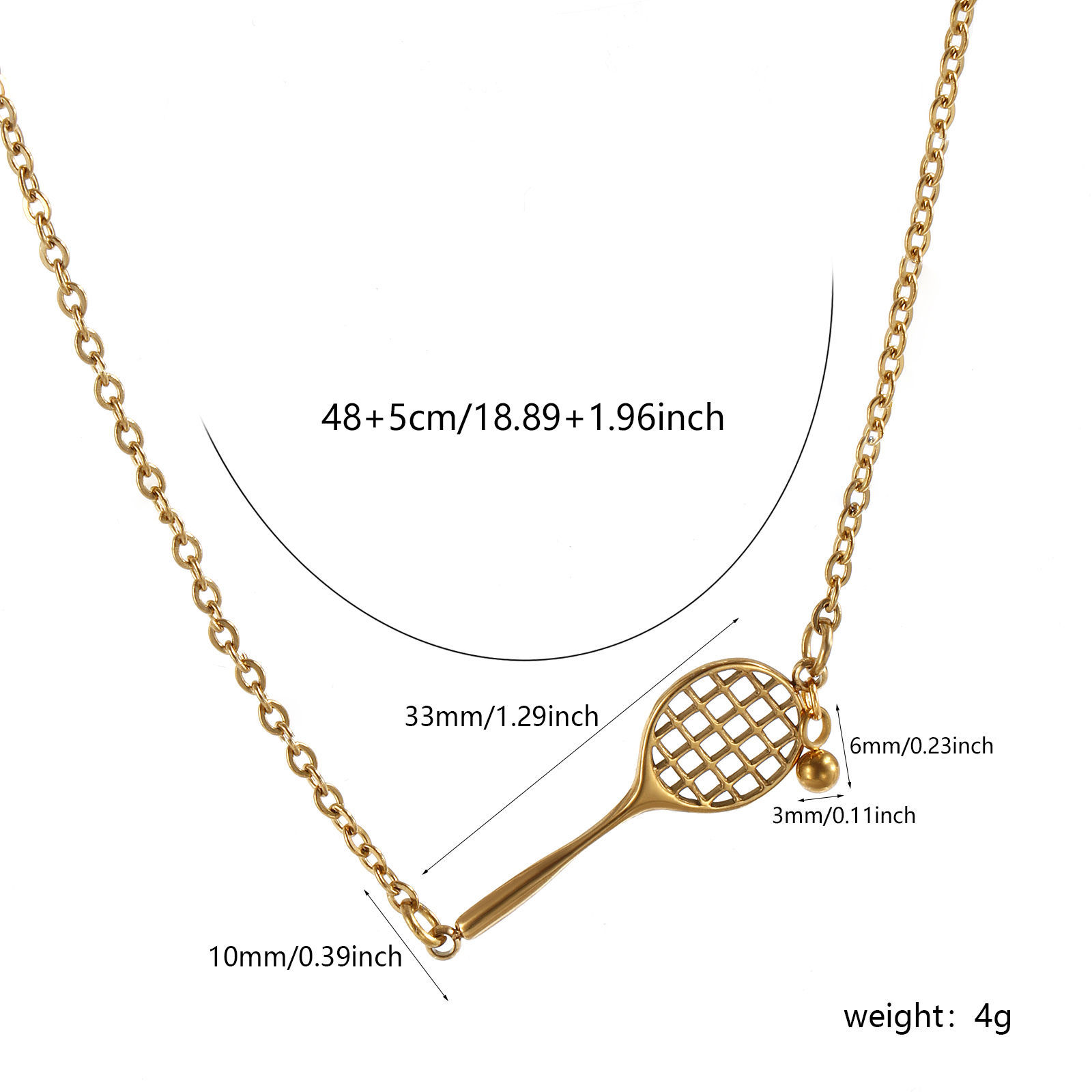 Изображение 1 Piece Eco-friendly PVD Vacuum Plating Stylish Sport 18K Real Gold Plated 304 Stainless Steel Link Cable Chain Racket Pendant Charm Necklace Unisex Gift 45cm(17.7") + 5cm(2") long