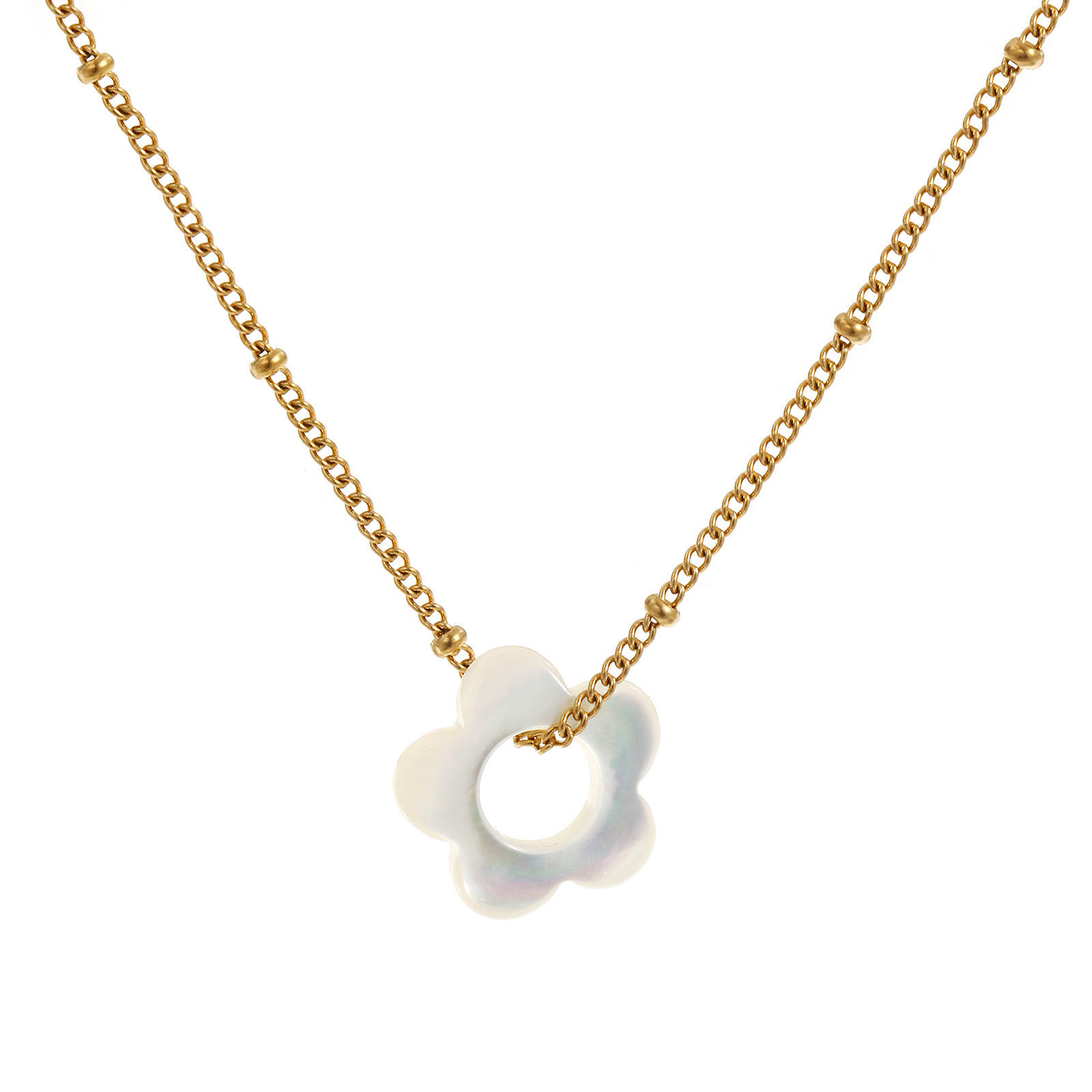 Picture of 18K Real Gold Plated Curb Link Chain Flower Pendant Charm Necklace, 304 Stainless Steel & Natural Shell 45cm(17.7") + 5cm(2"), For Women, Minimalist Elegant Gift, Eco-friendly PVD Vacuum Plating, 1 Piece