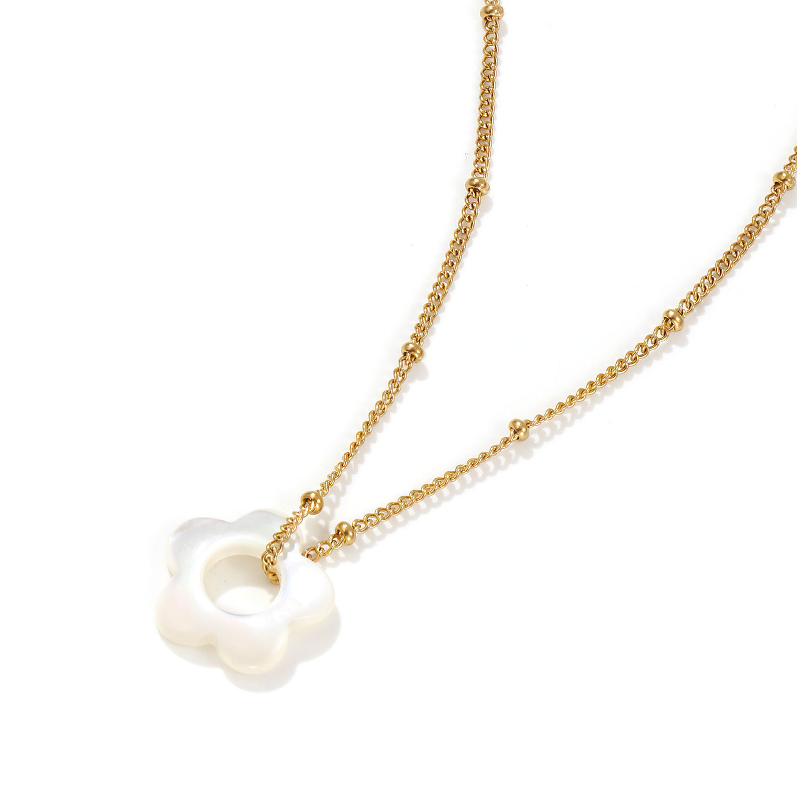 Picture of 18K Real Gold Plated Curb Link Chain Flower Pendant Charm Necklace, 304 Stainless Steel & Natural Shell 45cm(17.7") + 5cm(2"), For Women, Minimalist Elegant Gift, Eco-friendly PVD Vacuum Plating, 1 Piece