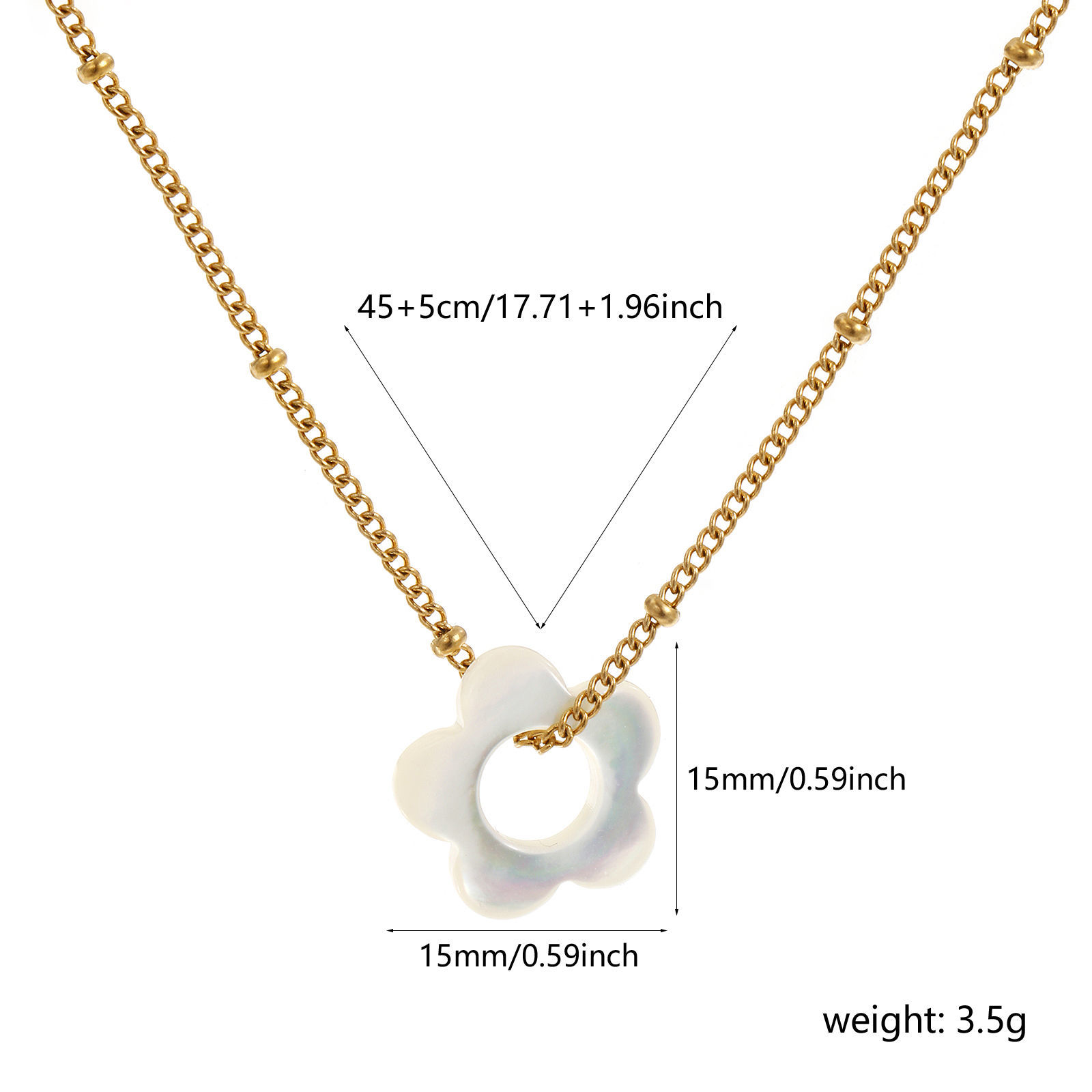 Picture of 18K Real Gold Plated Curb Link Chain Flower Pendant Charm Necklace, 304 Stainless Steel & Natural Shell 45cm(17.7") + 5cm(2"), For Women, Minimalist Elegant Gift, Eco-friendly PVD Vacuum Plating, 1 Piece