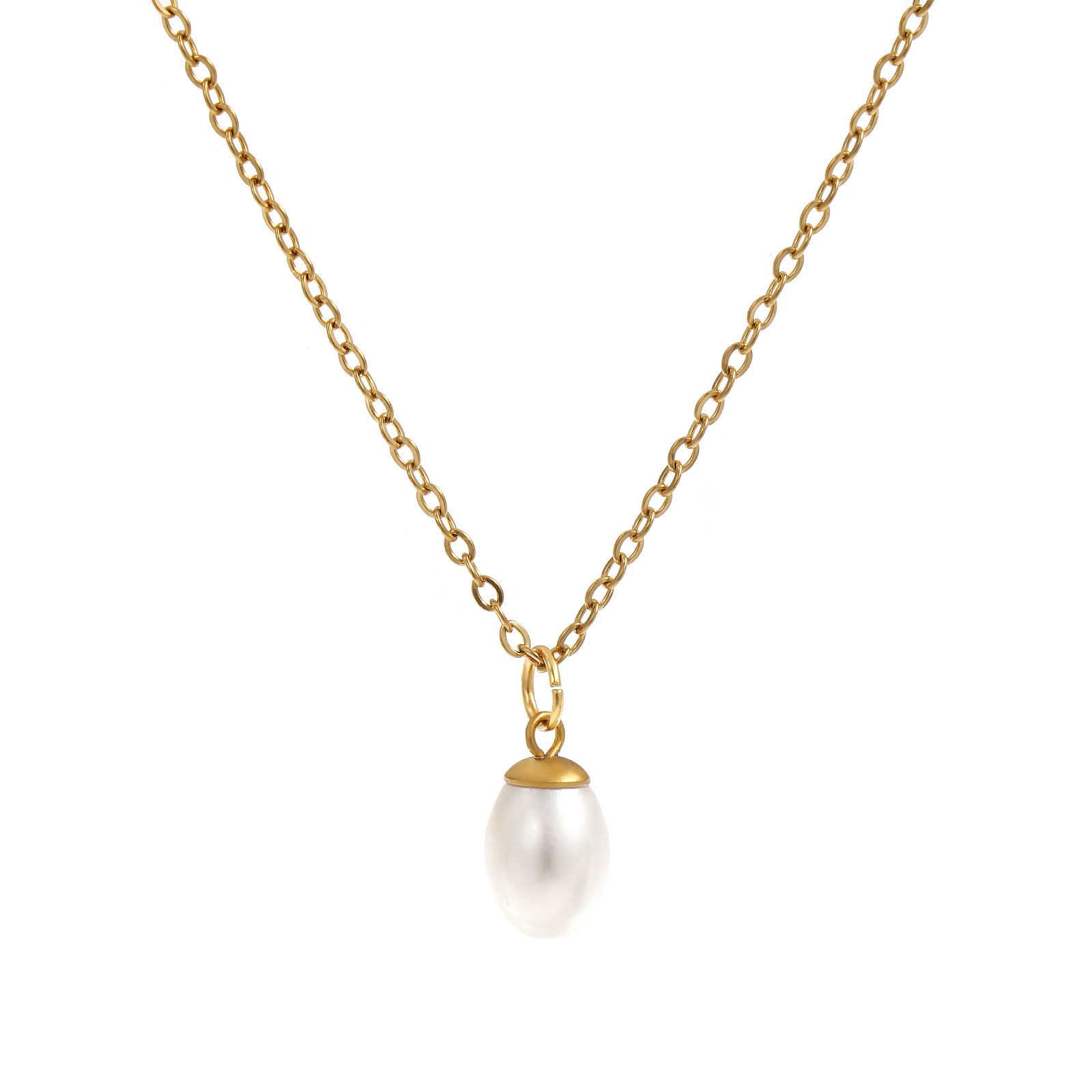 Picture of 18K Real Gold Plated Link Cable Chain Oval Pendant Charm Necklace, 304 Stainless Steel & Natural Pearl 45cm(17.7") + 5cm(2"), For Women, Minimalist Elegant Gift, Eco-friendly PVD Vacuum Plating, 1 Piece
