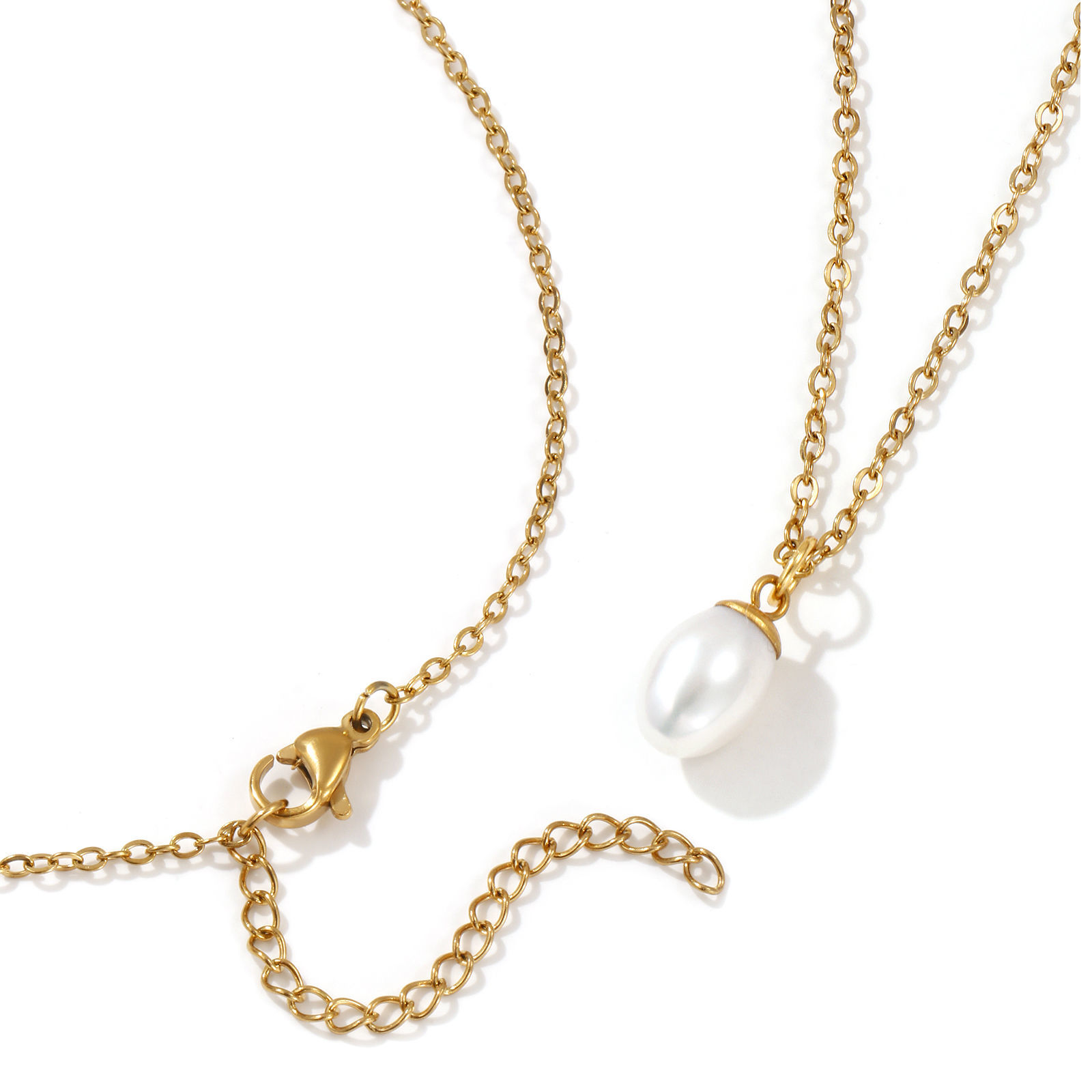 Picture of 18K Real Gold Plated Link Cable Chain Oval Pendant Charm Necklace, 304 Stainless Steel & Natural Pearl 45cm(17.7") + 5cm(2"), For Women, Minimalist Elegant Gift, Eco-friendly PVD Vacuum Plating, 1 Piece