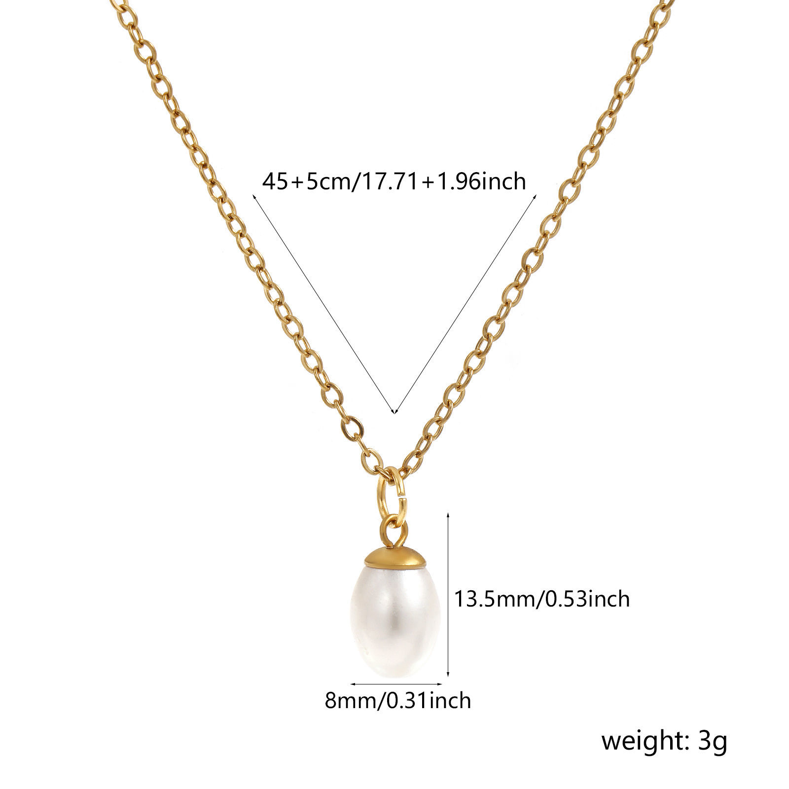 Picture of 18K Real Gold Plated Link Cable Chain Oval Pendant Charm Necklace, 304 Stainless Steel & Natural Pearl 45cm(17.7") + 5cm(2"), For Women, Minimalist Elegant Gift, Eco-friendly PVD Vacuum Plating, 1 Piece
