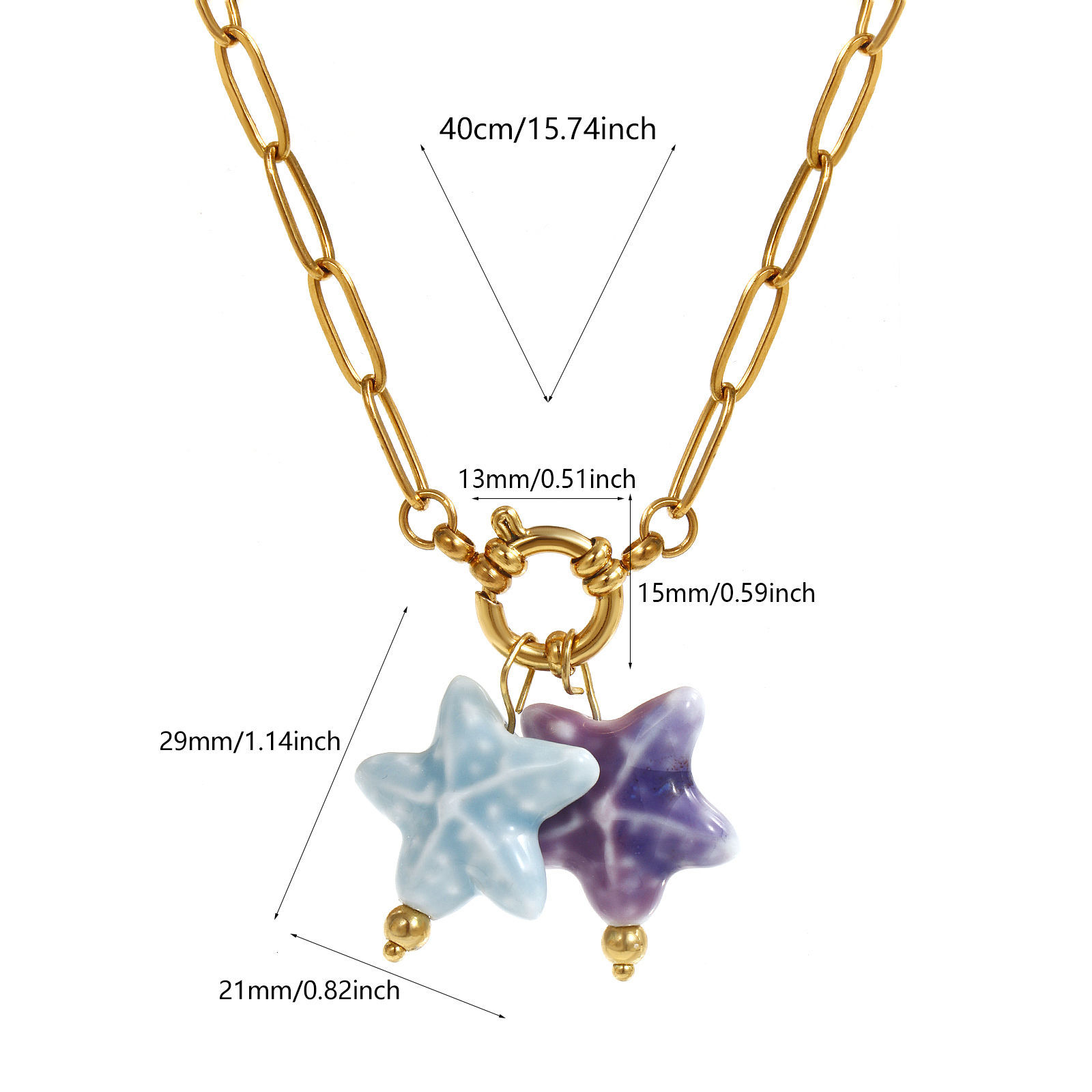 Picture of 18K Gold Plated Paperclip Link Chain Star Fish Pendant Charm Necklace, 304 Stainless Steel & Ceramic 40cm(15.7"), For Women, Mauve Sweet & Cute Ocean Jewelry Gift, Eco-friendly PVD Vacuum Plating, 1 Piece