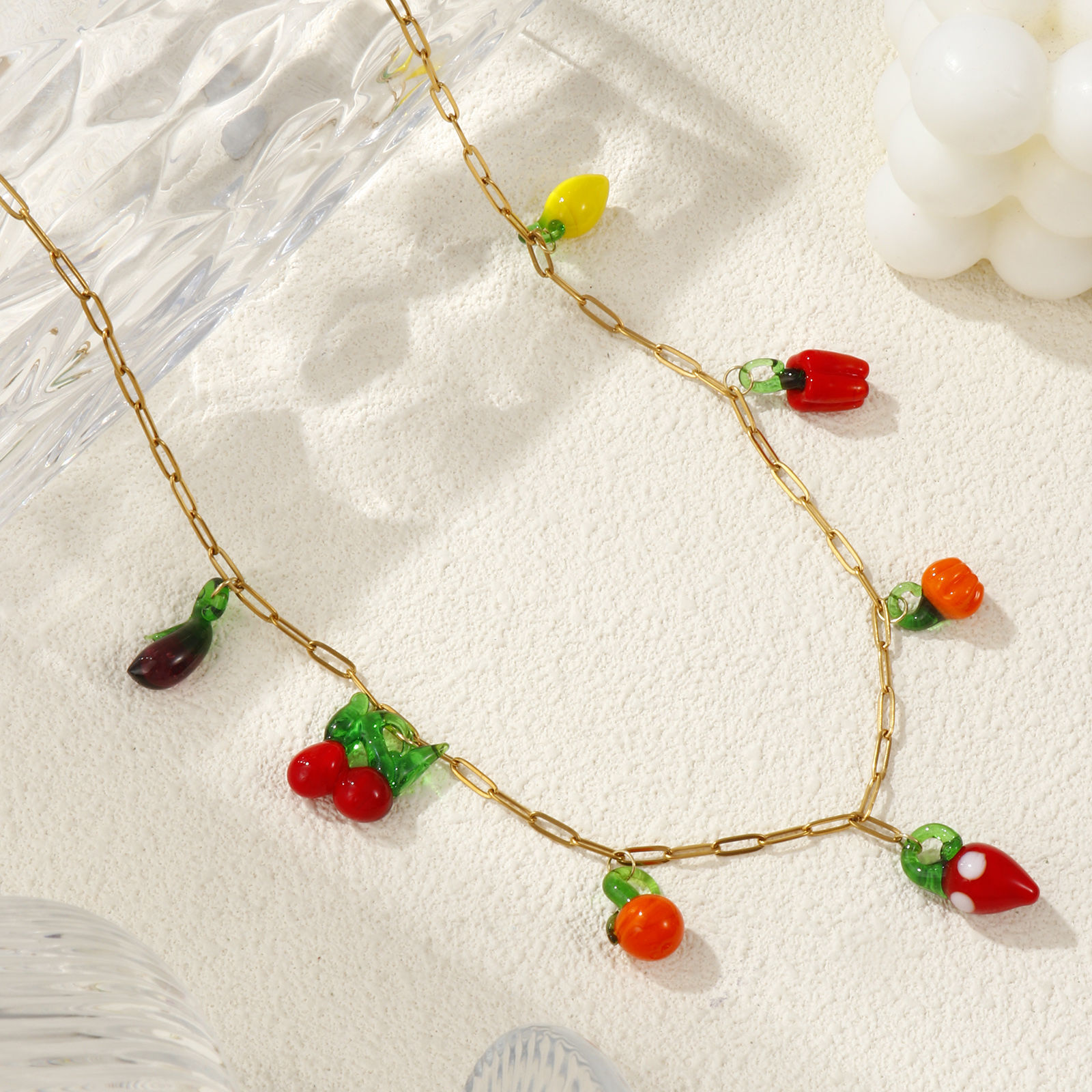 Imagen de Chapado en Oro de 18K Catena di Fermagli Collar con Colgante, 304 Acero Inoxidable & Vidrio Murano 60cm, Para Mujeres, 3D, Exquisito Regalo, Recubrimiento al Vacío PVD Ecológico, 1 Unidad