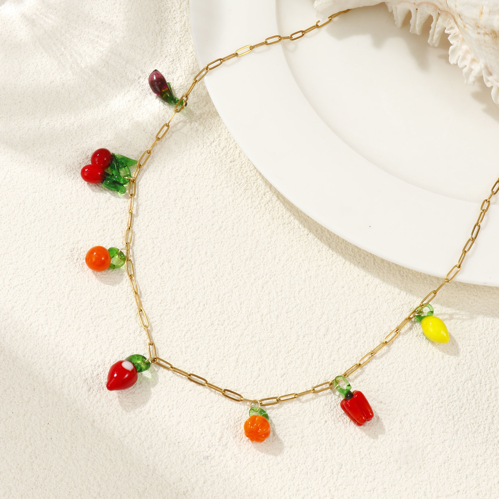 Imagen de Chapado en Oro de 18K Catena di Fermagli Collar con Colgante, 304 Acero Inoxidable & Vidrio Murano 60cm, Para Mujeres, 3D, Exquisito Regalo, Recubrimiento al Vacío PVD Ecológico, 1 Unidad