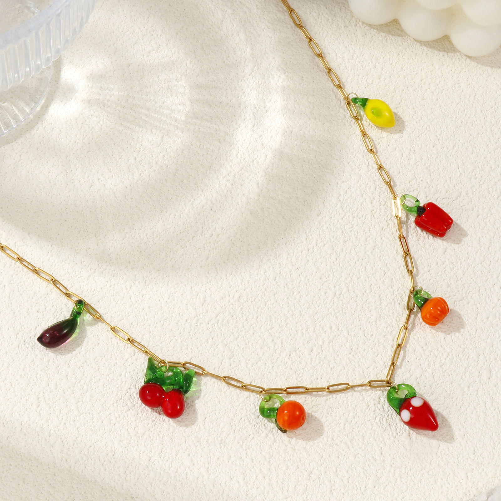 Imagen de Chapado en Oro de 18K Catena di Fermagli Collar con Colgante, 304 Acero Inoxidable & Vidrio Murano 60cm, Para Mujeres, 3D, Exquisito Regalo, Recubrimiento al Vacío PVD Ecológico, 1 Unidad