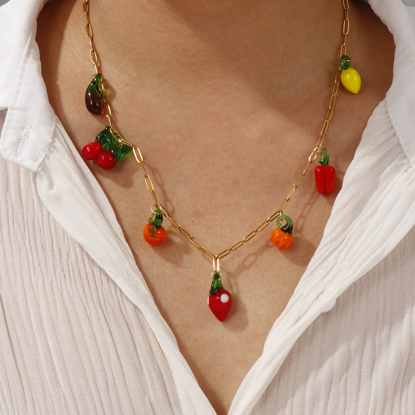 Imagen de Chapado en Oro de 18K Catena di Fermagli Collar con Colgante, 304 Acero Inoxidable & Vidrio Murano 60cm, Para Mujeres, 3D, Exquisito Regalo, Recubrimiento al Vacío PVD Ecológico, 1 Unidad