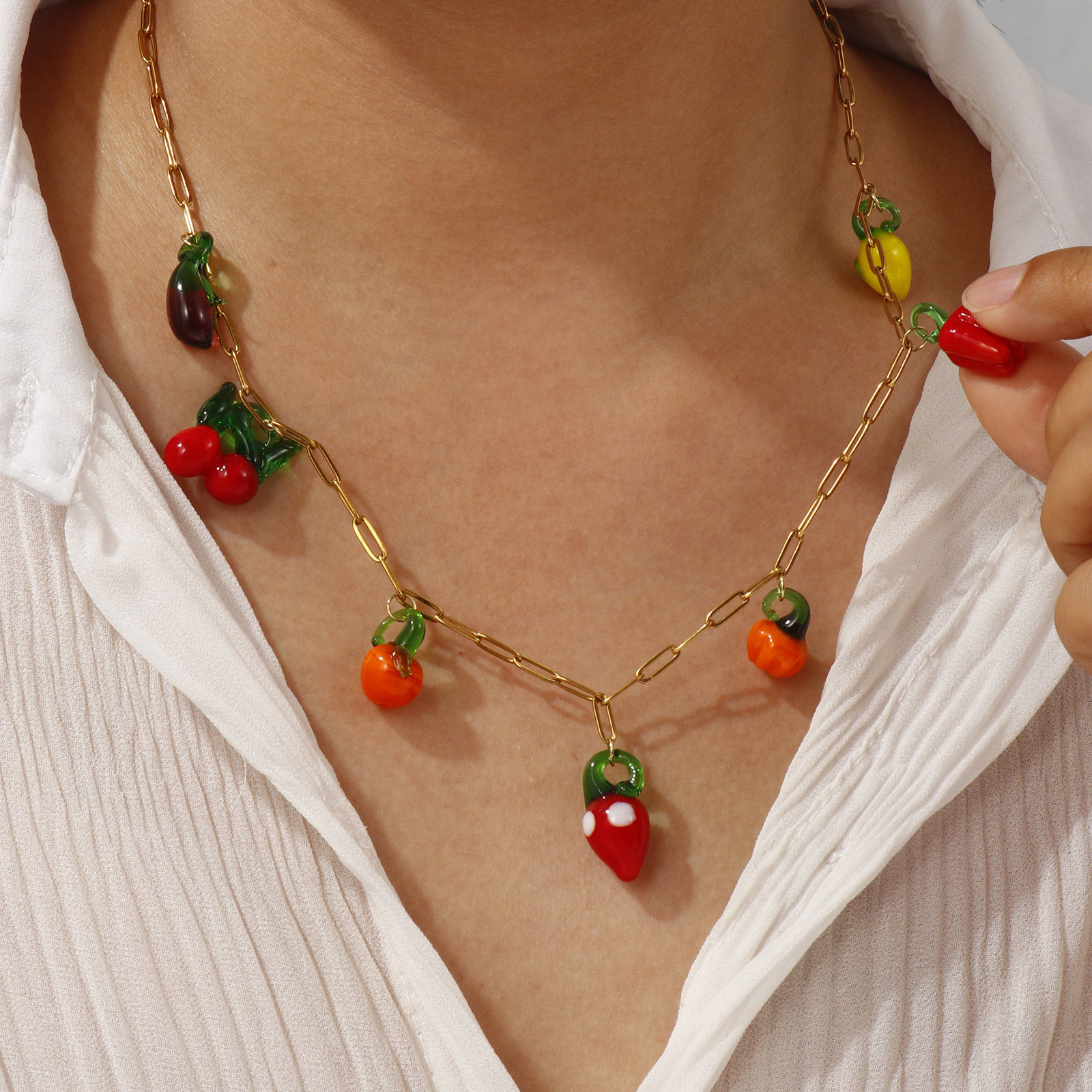 Imagen de Chapado en Oro de 18K Catena di Fermagli Collar con Colgante, 304 Acero Inoxidable & Vidrio Murano 60cm, Para Mujeres, 3D, Exquisito Regalo, Recubrimiento al Vacío PVD Ecológico, 1 Unidad
