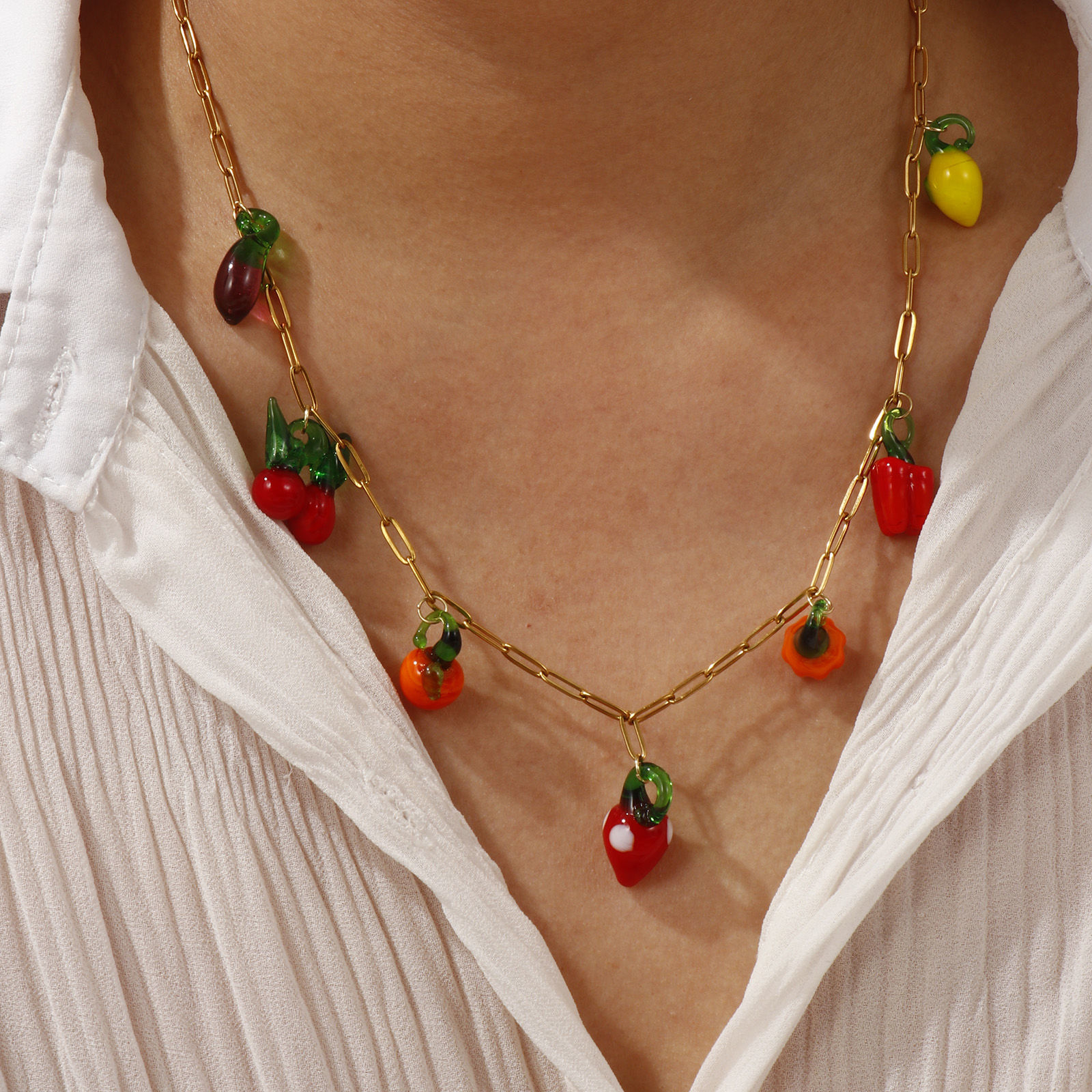 Imagen de Chapado en Oro de 18K Catena di Fermagli Collar con Colgante, 304 Acero Inoxidable & Vidrio Murano 60cm, Para Mujeres, 3D, Exquisito Regalo, Recubrimiento al Vacío PVD Ecológico, 1 Unidad