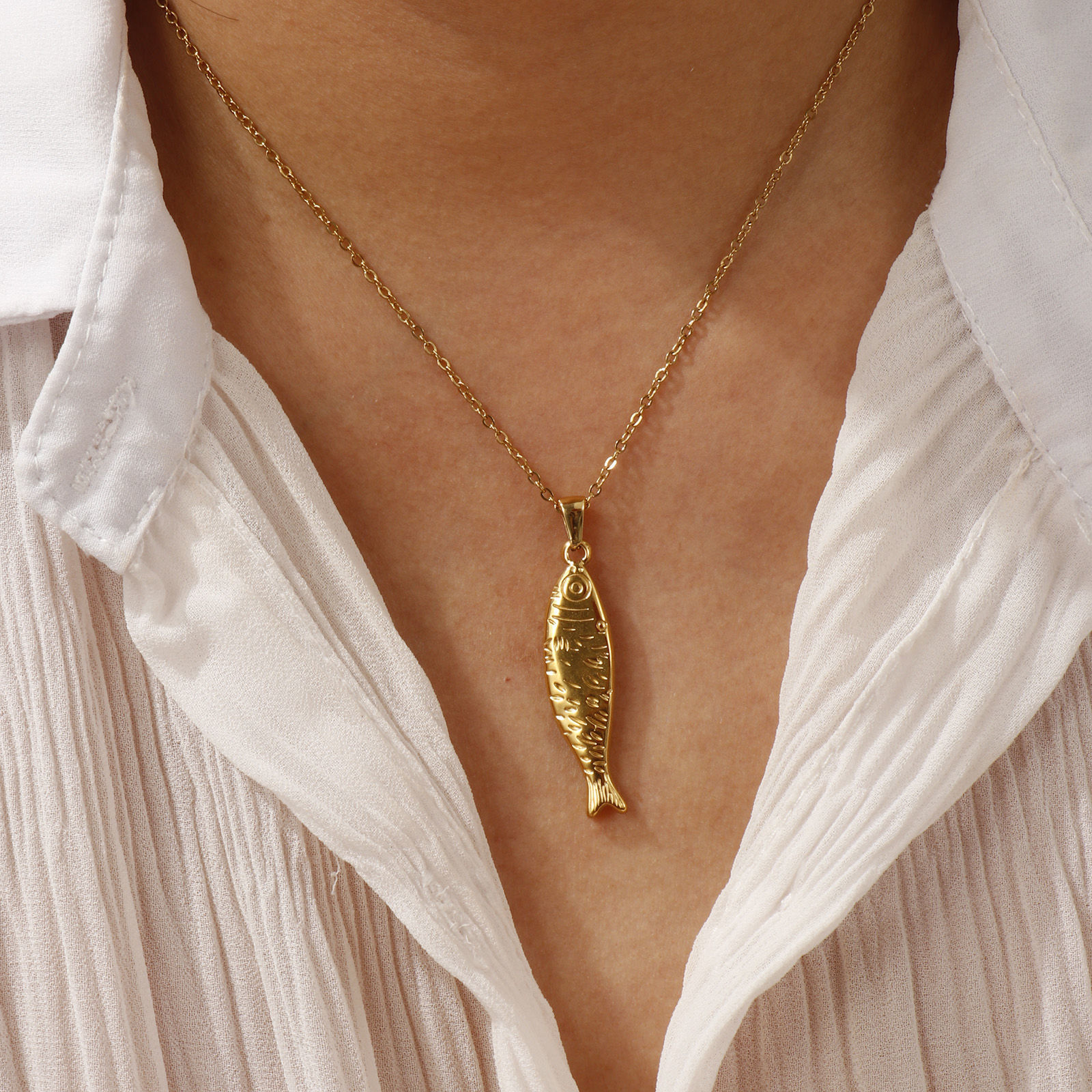 Imagen de 18K Oro Real Chapado Cadena de Cable Cruz Pez Collar con Colgante, 304 Acero Inoxidable 45cm + 5cm, Para Mujeres, 3D, Exquisito Joyería del océano Regalo, Recubrimiento al Vacío PVD Ecológico, 1 Unidad