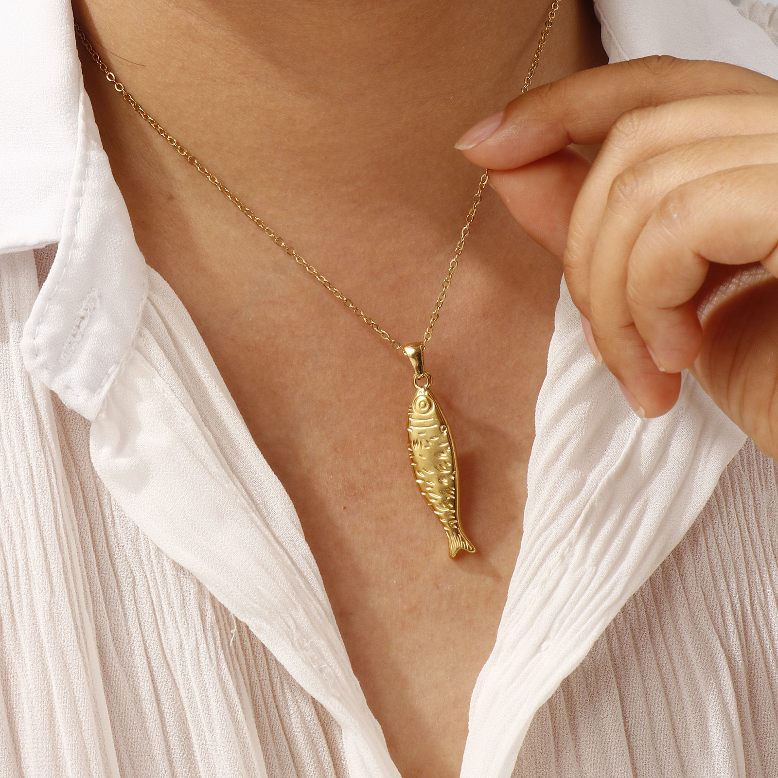 Imagen de 18K Oro Real Chapado Cadena de Cable Cruz Pez Collar con Colgante, 304 Acero Inoxidable 45cm + 5cm, Para Mujeres, 3D, Exquisito Joyería del océano Regalo, Recubrimiento al Vacío PVD Ecológico, 1 Unidad