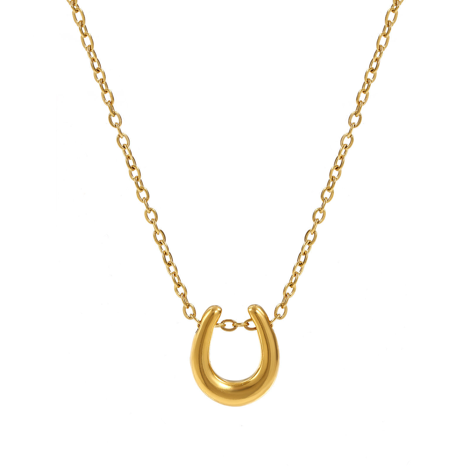 Picture of 18K Real Gold Plated Link Cable Chain Luck Horseshoe Pendant Charm Necklace, 304 Stainless Steel 45cm(17.7") + 5cm(2"), Unisex, Exquisite West Cowboy Gift, Eco-friendly PVD Vacuum Plating, 1 Piece
