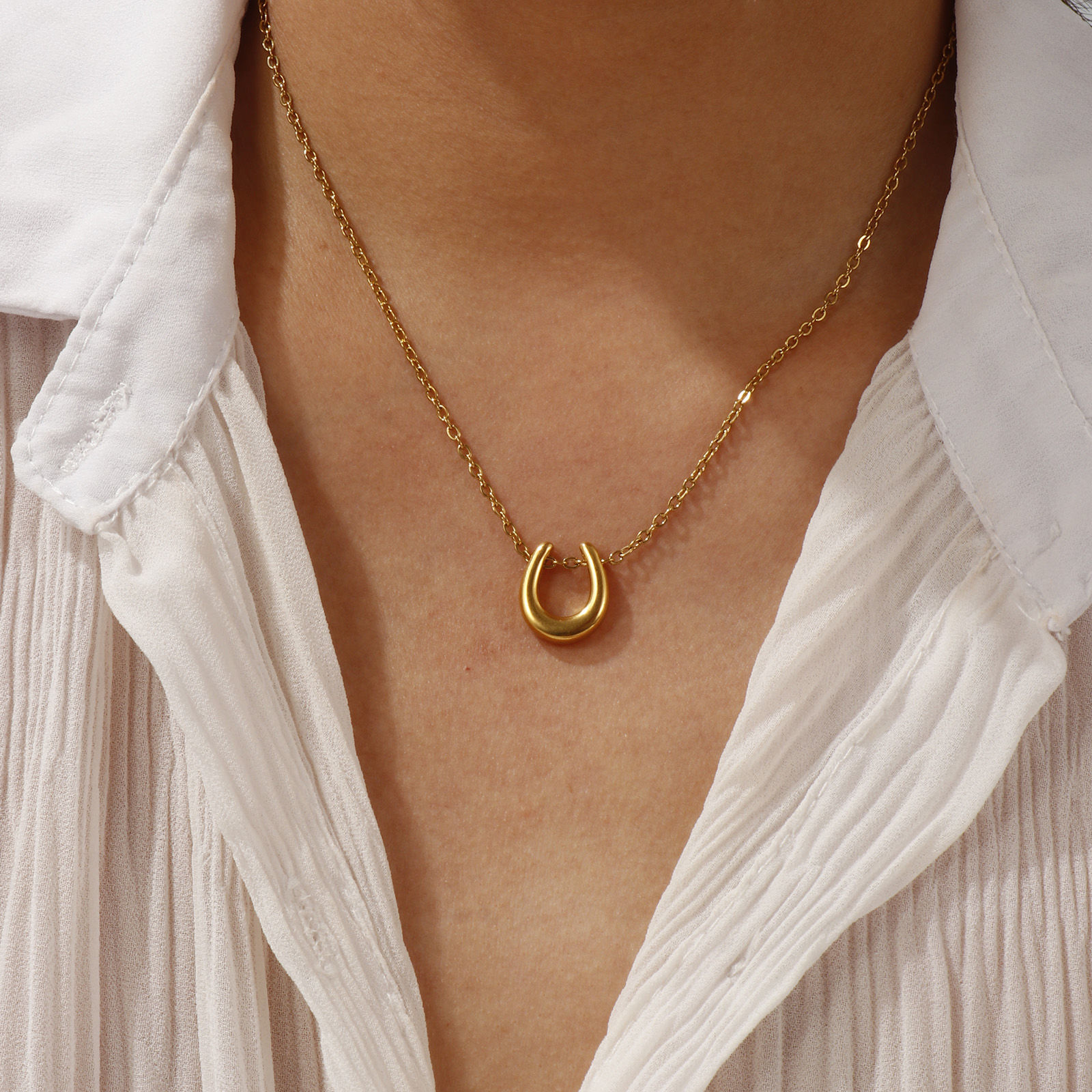 Picture of 18K Real Gold Plated Link Cable Chain Luck Horseshoe Pendant Charm Necklace, 304 Stainless Steel 45cm(17.7") + 5cm(2"), Unisex, Exquisite West Cowboy Gift, Eco-friendly PVD Vacuum Plating, 1 Piece