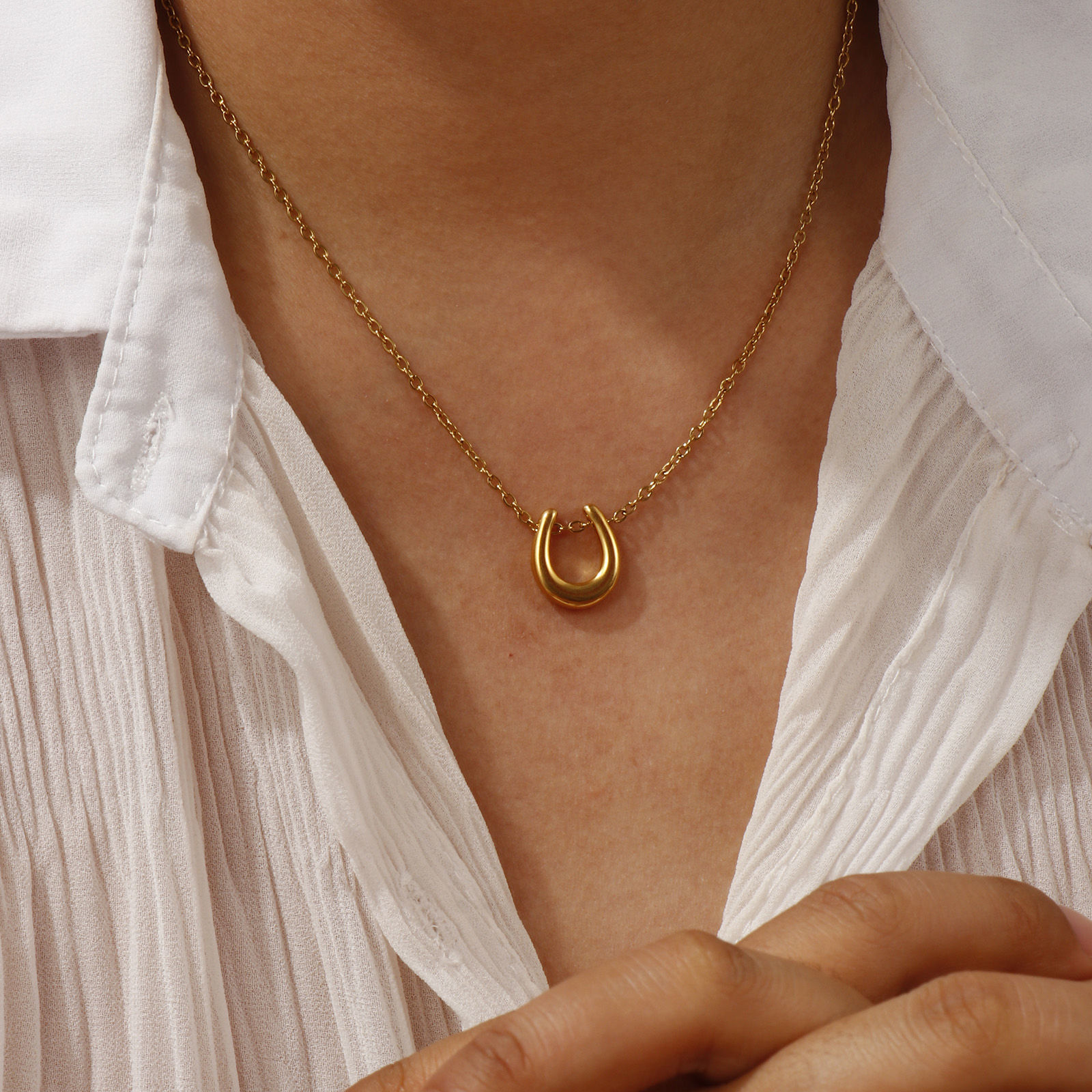 Picture of 18K Real Gold Plated Link Cable Chain Luck Horseshoe Pendant Charm Necklace, 304 Stainless Steel 45cm(17.7") + 5cm(2"), Unisex, Exquisite West Cowboy Gift, Eco-friendly PVD Vacuum Plating, 1 Piece
