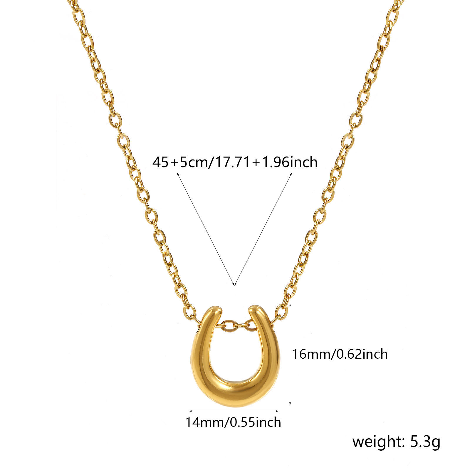 Picture of 18K Real Gold Plated Link Cable Chain Luck Horseshoe Pendant Charm Necklace, 304 Stainless Steel 45cm(17.7") + 5cm(2"), Unisex, Exquisite West Cowboy Gift, Eco-friendly PVD Vacuum Plating, 1 Piece