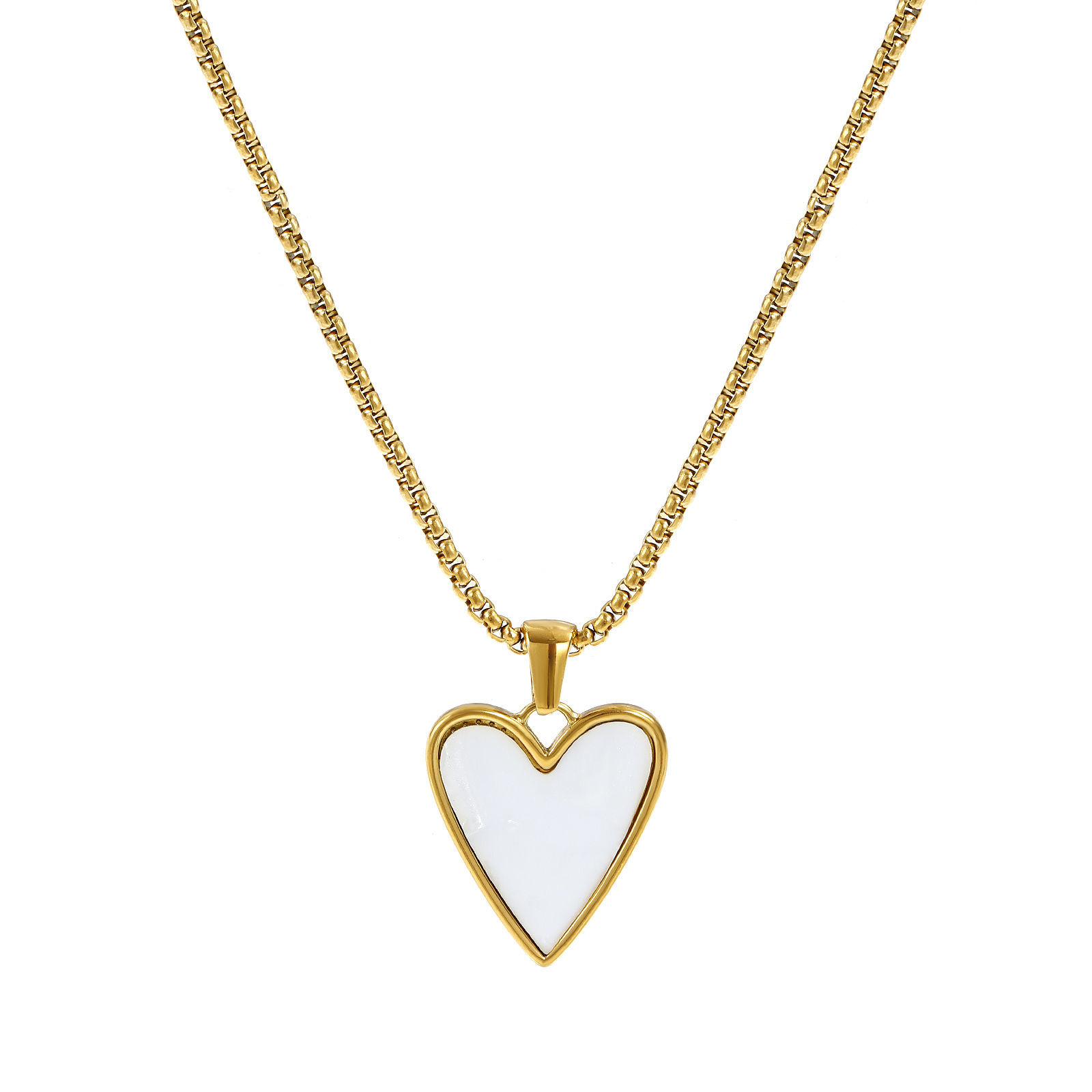 Imagen de 18K Oro Real Chapado Cadena de Caja Corazón Collar con Colgante, 304 Acero Inoxidable & Concha Naturales 45cm + 5cm, Para Mujeres, Blanco Elegante día de San Valentín Regalo, Recubrimiento al Vacío PVD Ecológico, 1 Unidad