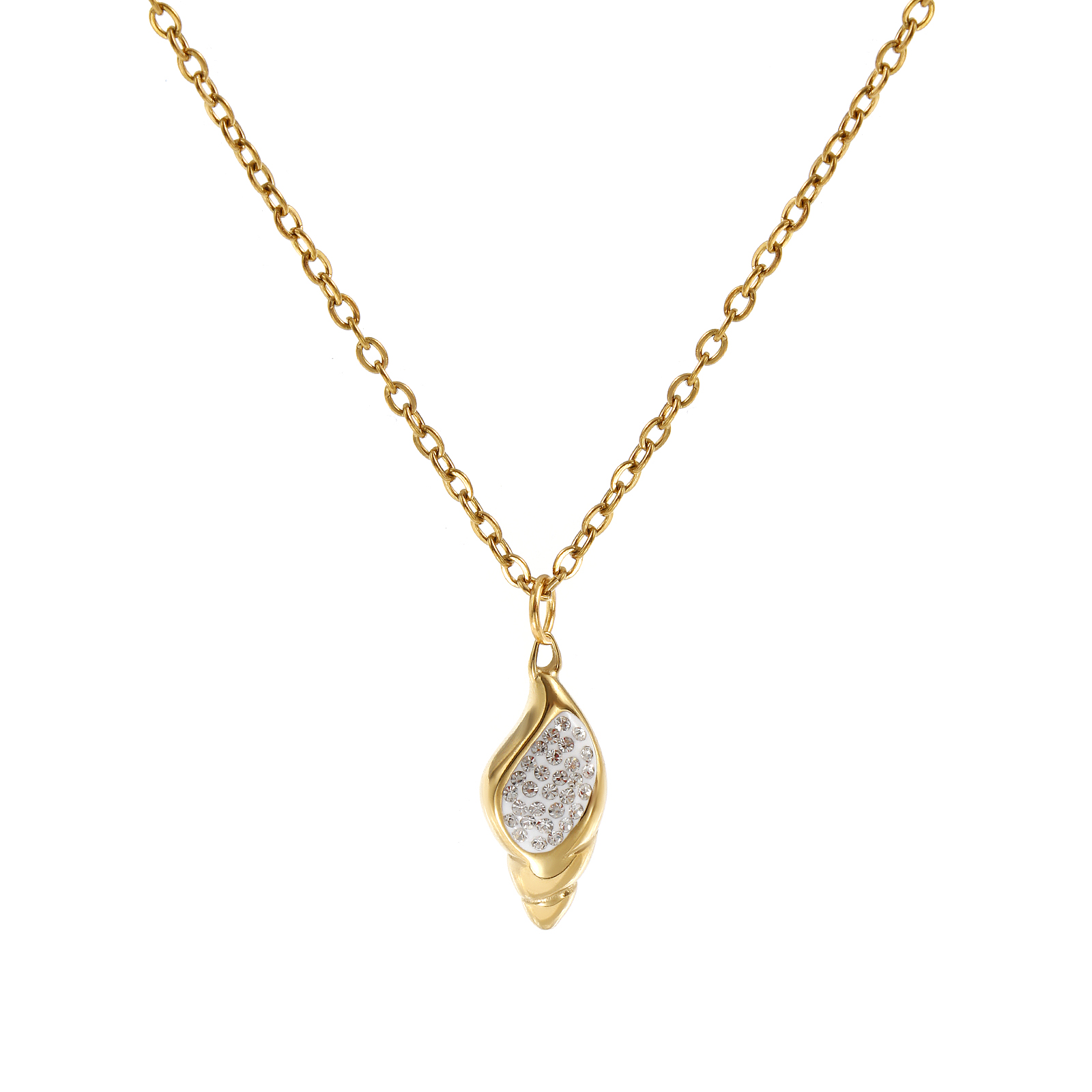 Picture of 18K Real Gold Plated Link Cable Chain Conch/ Sea Snail Pendant Charm Necklace, 304 Stainless Steel 45cm(17.7") + 5cm(2"), For Women, Clear Cubic Zirconia Stylish Exquisite Gift, Eco-friendly PVD Vacuum Plating, 1 Piece