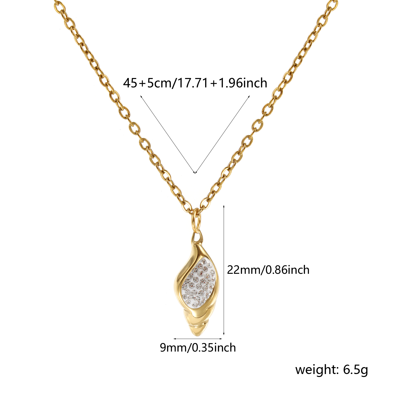 Picture of 18K Real Gold Plated Link Cable Chain Conch/ Sea Snail Pendant Charm Necklace, 304 Stainless Steel 45cm(17.7") + 5cm(2"), For Women, Clear Cubic Zirconia Stylish Exquisite Gift, Eco-friendly PVD Vacuum Plating, 1 Piece
