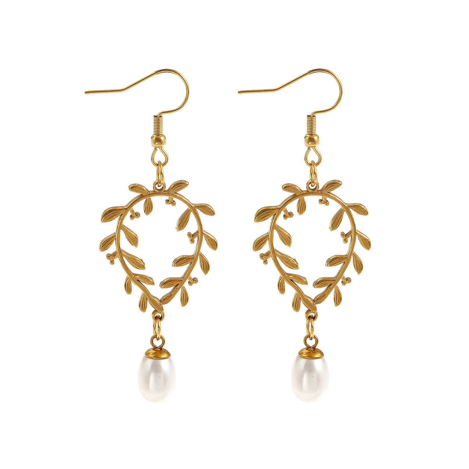 Изображение 1 Пара Экологичное вакуумное PVD-покрытие Стильный Изысканный 18K настоящее золото с покрытием Белый Нержавеющая сталь 304 и натуральный жемчуг Лист Серьги Для женщин подарок 6.6см x 2.3см, Размер провода: 0.7мм(21 калибров)