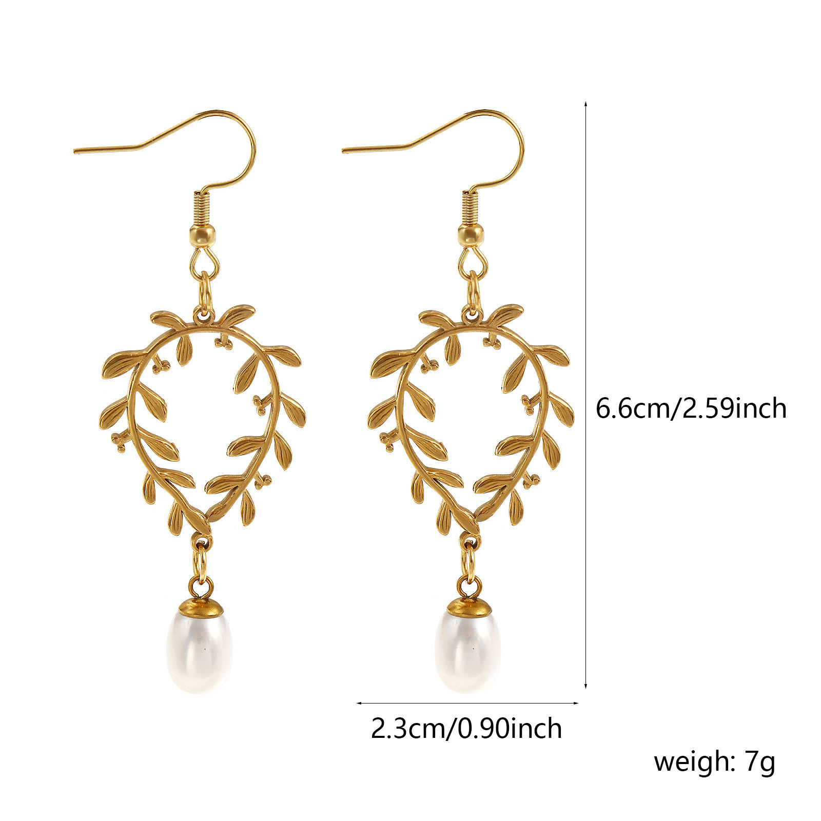 Изображение 1 Пара Экологичное вакуумное PVD-покрытие Стильный Изысканный 18K настоящее золото с покрытием Белый Нержавеющая сталь 304 и натуральный жемчуг Лист Серьги Для женщин подарок 6.6см x 2.3см, Размер провода: 0.7мм(21 калибров)
