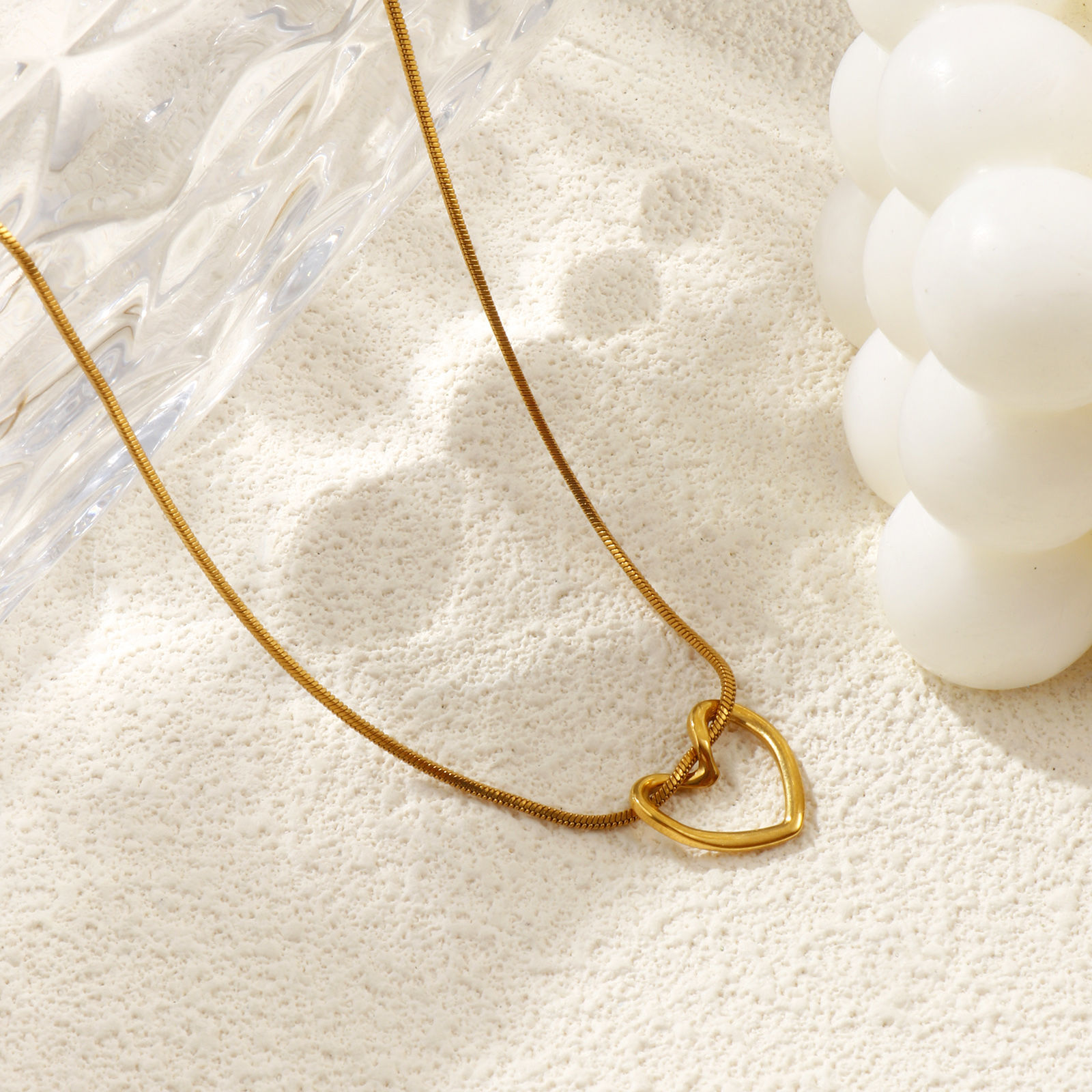 Picture of 18K Real Gold Plated Square Snake Chain Heart Pendant Charm Necklace, 304 Stainless Steel 45cm(17.7"), For Women, Valentine's Day Exquisite Gift, Eco-friendly PVD Vacuum Plating, 1 Piece