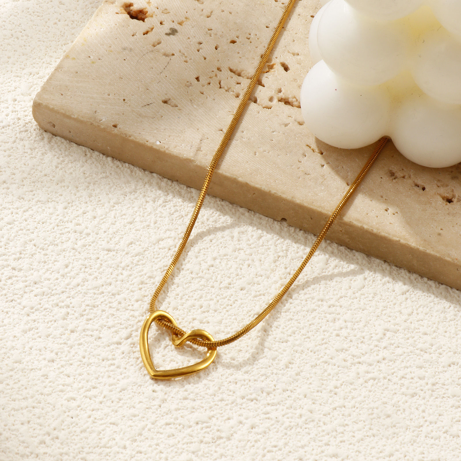 Picture of 18K Real Gold Plated Square Snake Chain Heart Pendant Charm Necklace, 304 Stainless Steel 45cm(17.7"), For Women, Valentine's Day Exquisite Gift, Eco-friendly PVD Vacuum Plating, 1 Piece