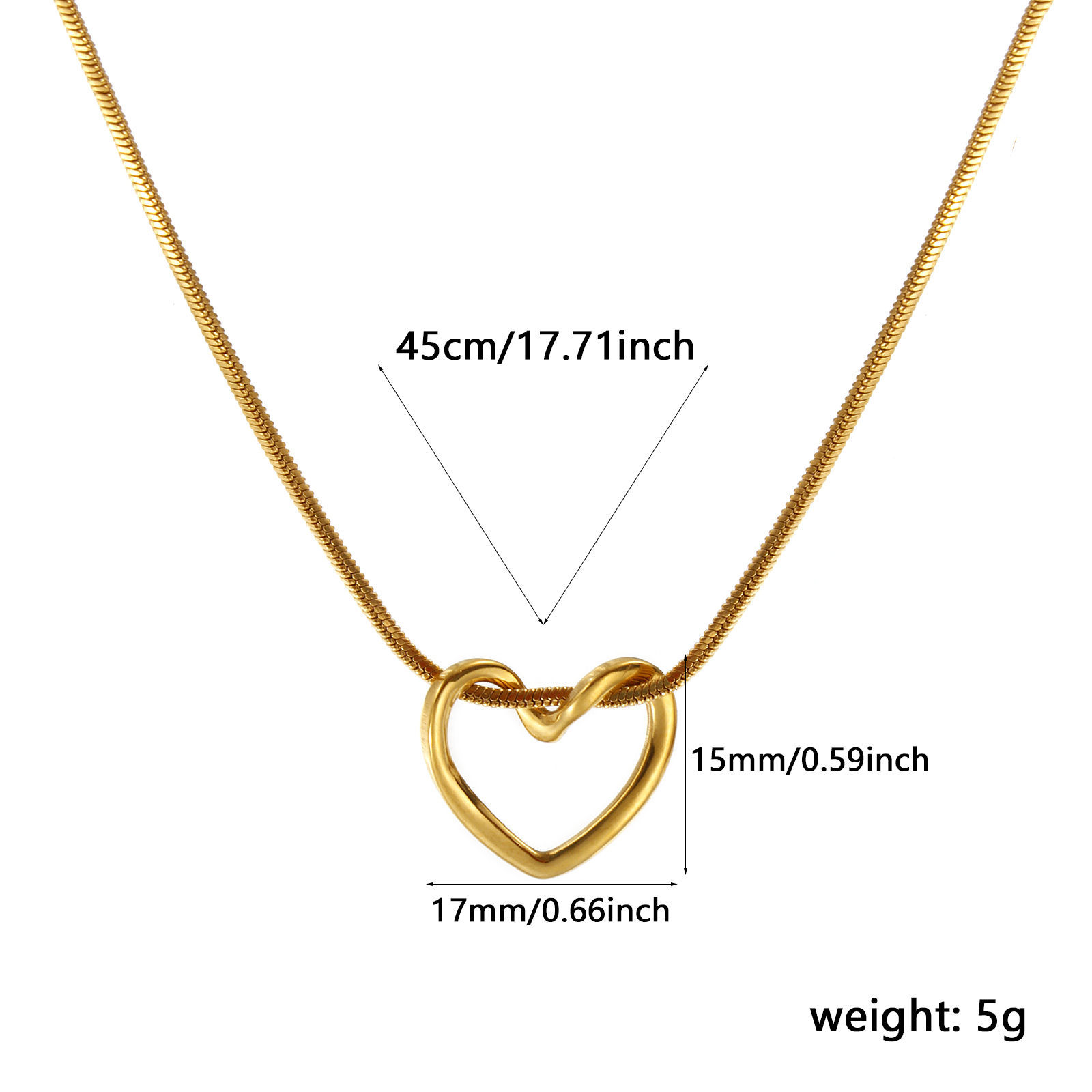 Picture of 18K Real Gold Plated Square Snake Chain Heart Pendant Charm Necklace, 304 Stainless Steel 45cm(17.7"), For Women, Valentine's Day Exquisite Gift, Eco-friendly PVD Vacuum Plating, 1 Piece