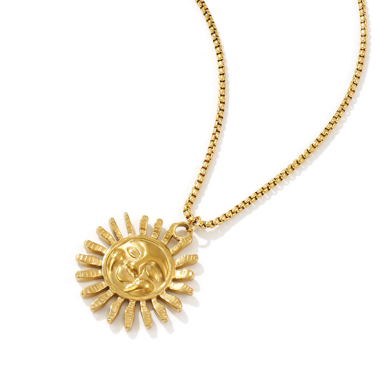 Picture of 18K Real Gold Plated Box Chain Sun Pendant Charm Necklace, 304 Stainless Steel 45cm(17.7") + 5cm(2"), For Women, Galaxy Exquisite Gift, Eco-friendly PVD Vacuum Plating, 1 Piece