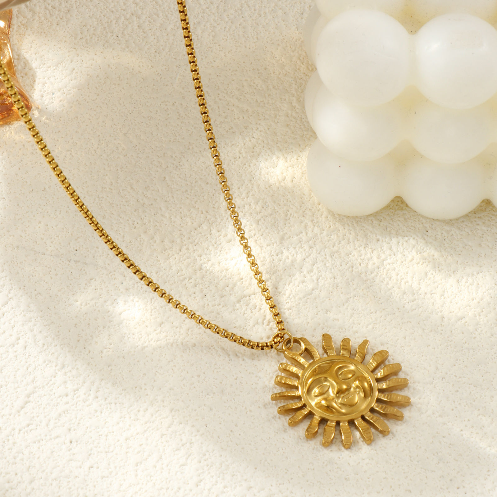 Picture of 18K Real Gold Plated Box Chain Sun Pendant Charm Necklace, 304 Stainless Steel 45cm(17.7") + 5cm(2"), For Women, Galaxy Exquisite Gift, Eco-friendly PVD Vacuum Plating, 1 Piece